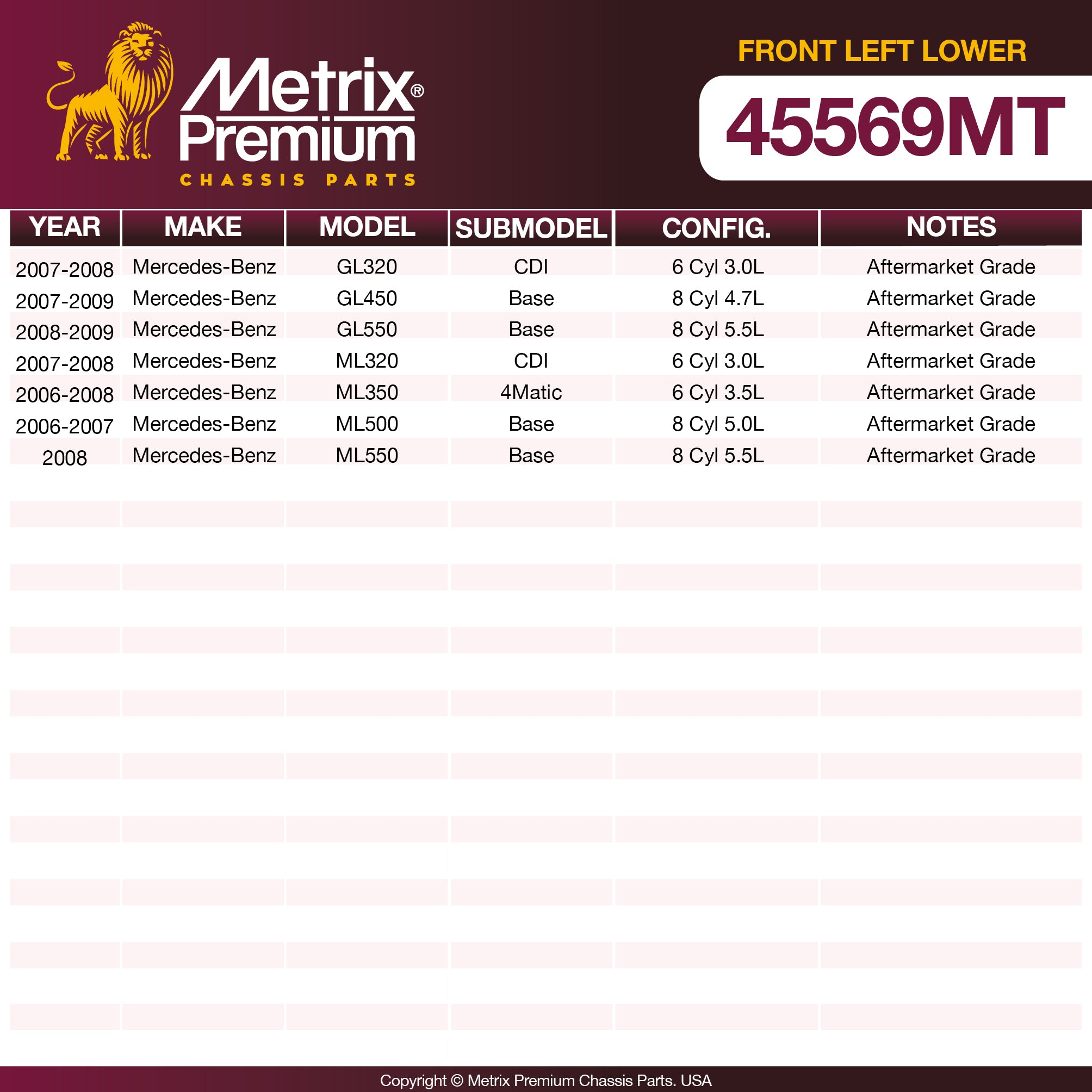 Metrix Premium Front Left Lower Control Arm Bushing 45569MT OEM fit spare parts