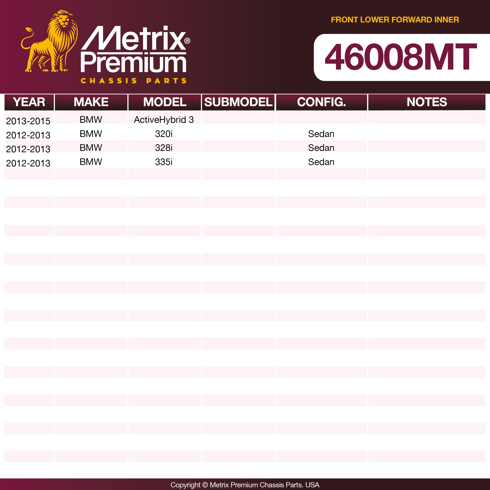 Metrix Premium Chassis Parts Front Lower Forward Inner Control Arm Bushing 46008MT OEM fit auto parts