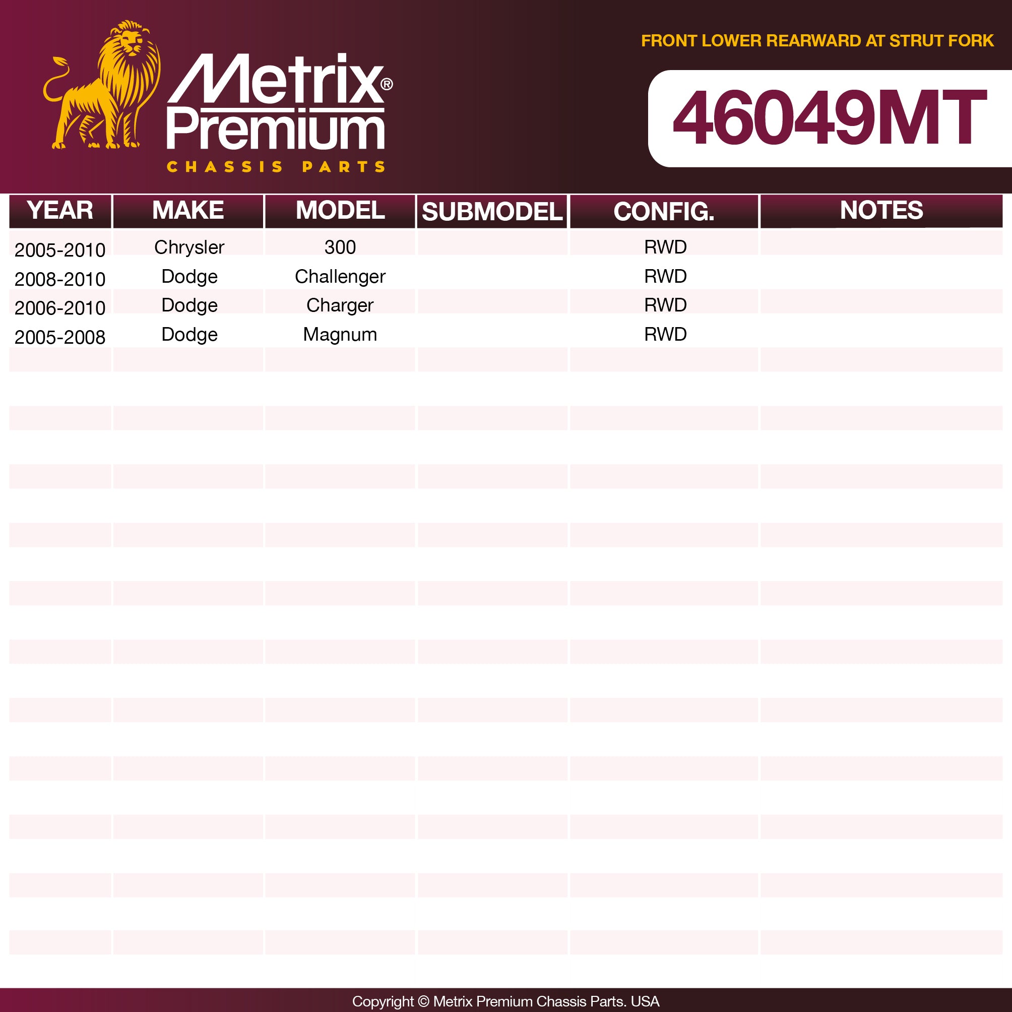 Metrix Premium Chassis Parts Front Lower Rearward At Strut Fork Control Arm Bushing 46049MT OEM fit auto parts