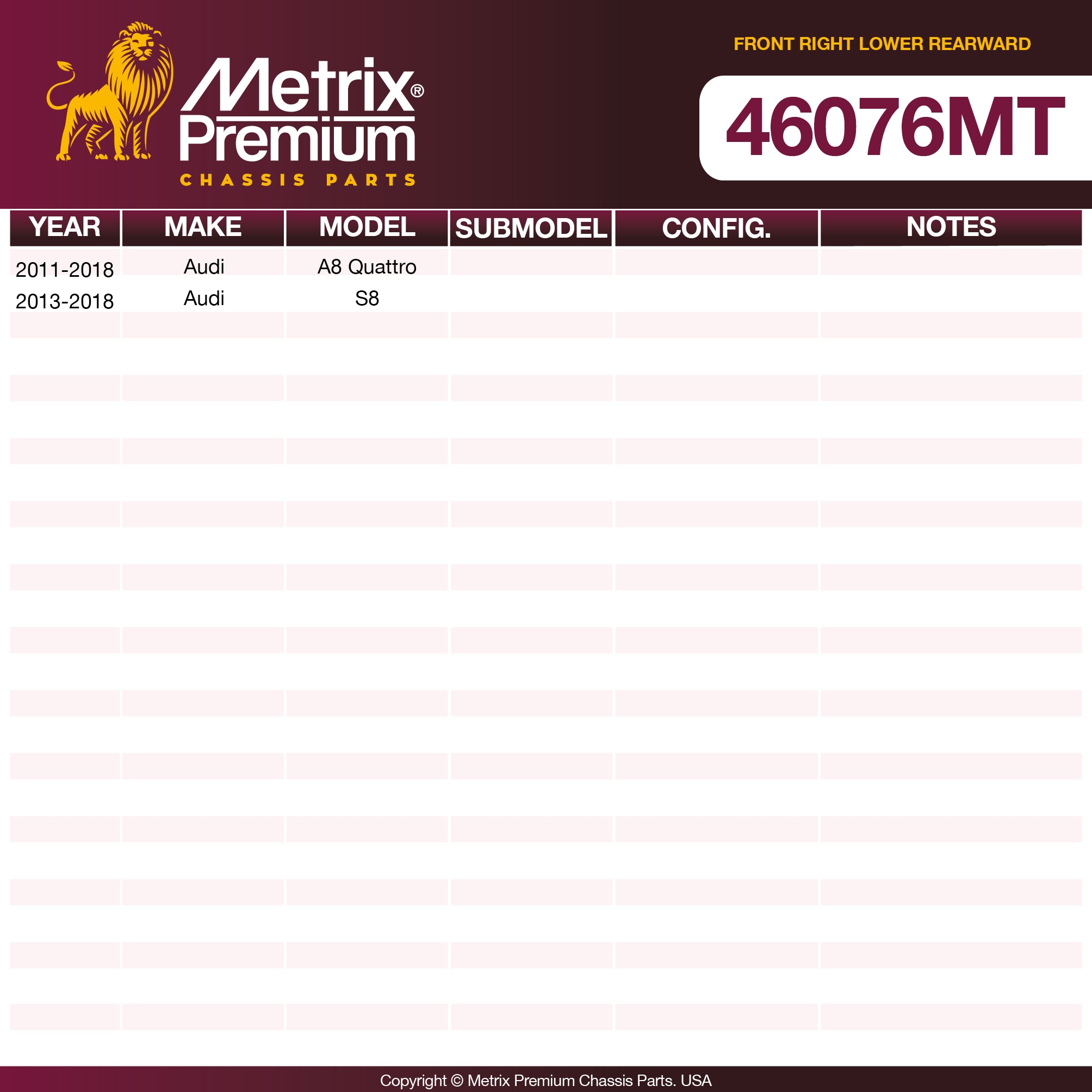Metrix Premium Chassis Parts Front Right Lower Rearward Control Arm and Ball Joint Assembly 46076MT OEM fit auto parts