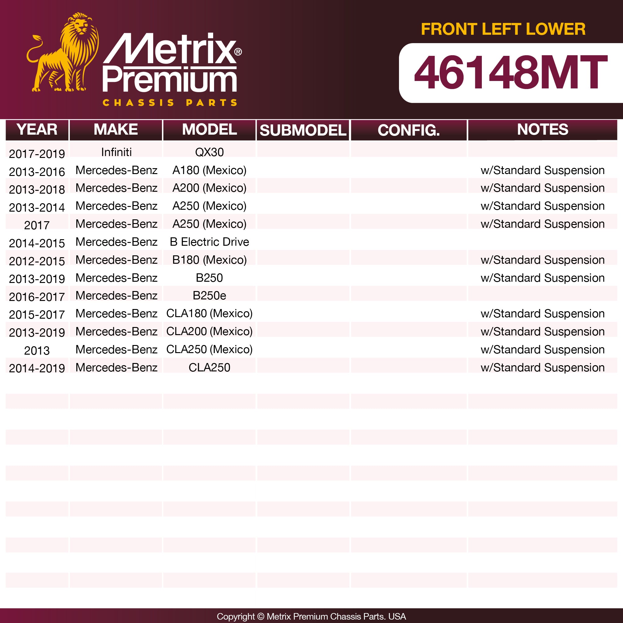 Metrix Premium Front Left Lower Control Arm and Ball Joint Assembly 46148MT OEM fit spare parts