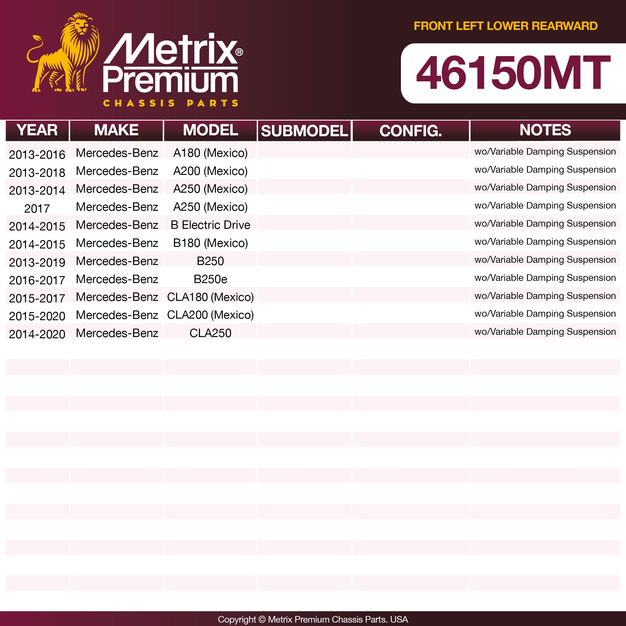 Metrix Premium Front Left Lower Rearward Axle Support Bushing 46150MT OEM fit spare parts