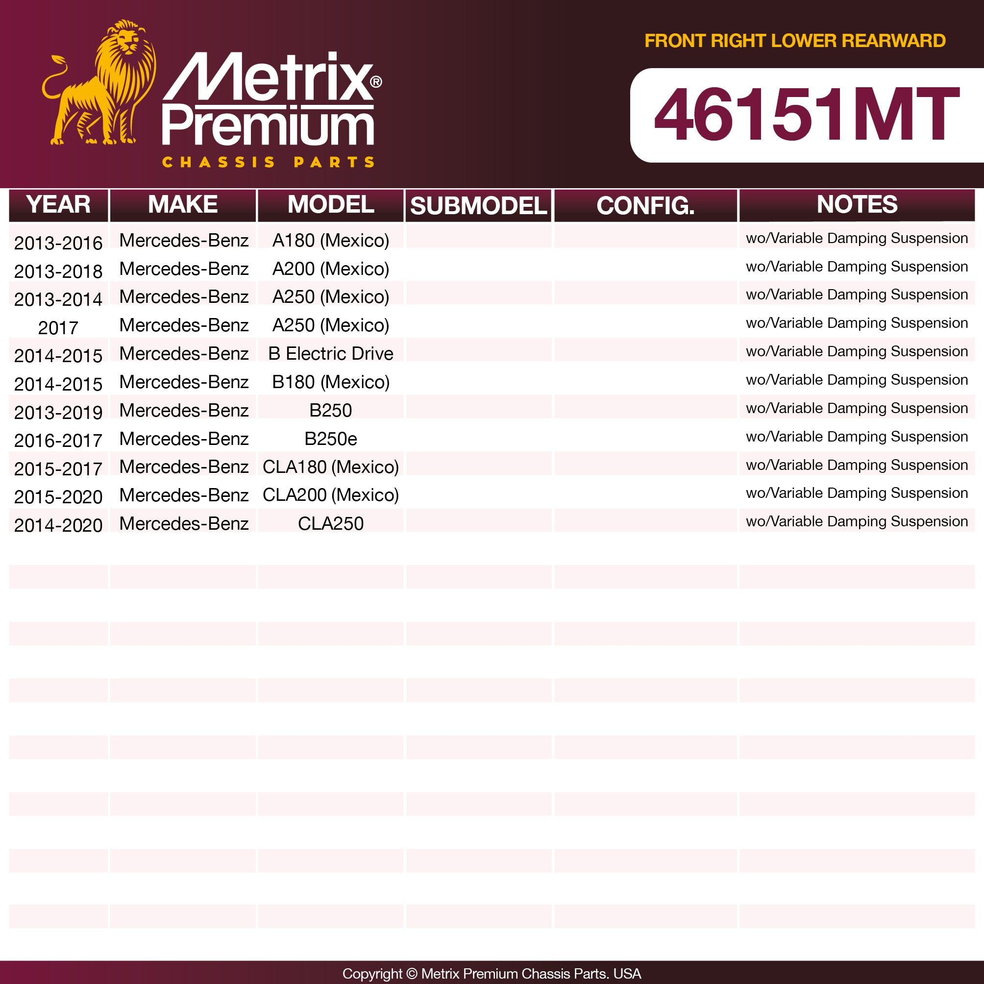 Metrix Premium Front Right Lower Rearward Axle Support Bushing 46151MT OEM fit spare parts