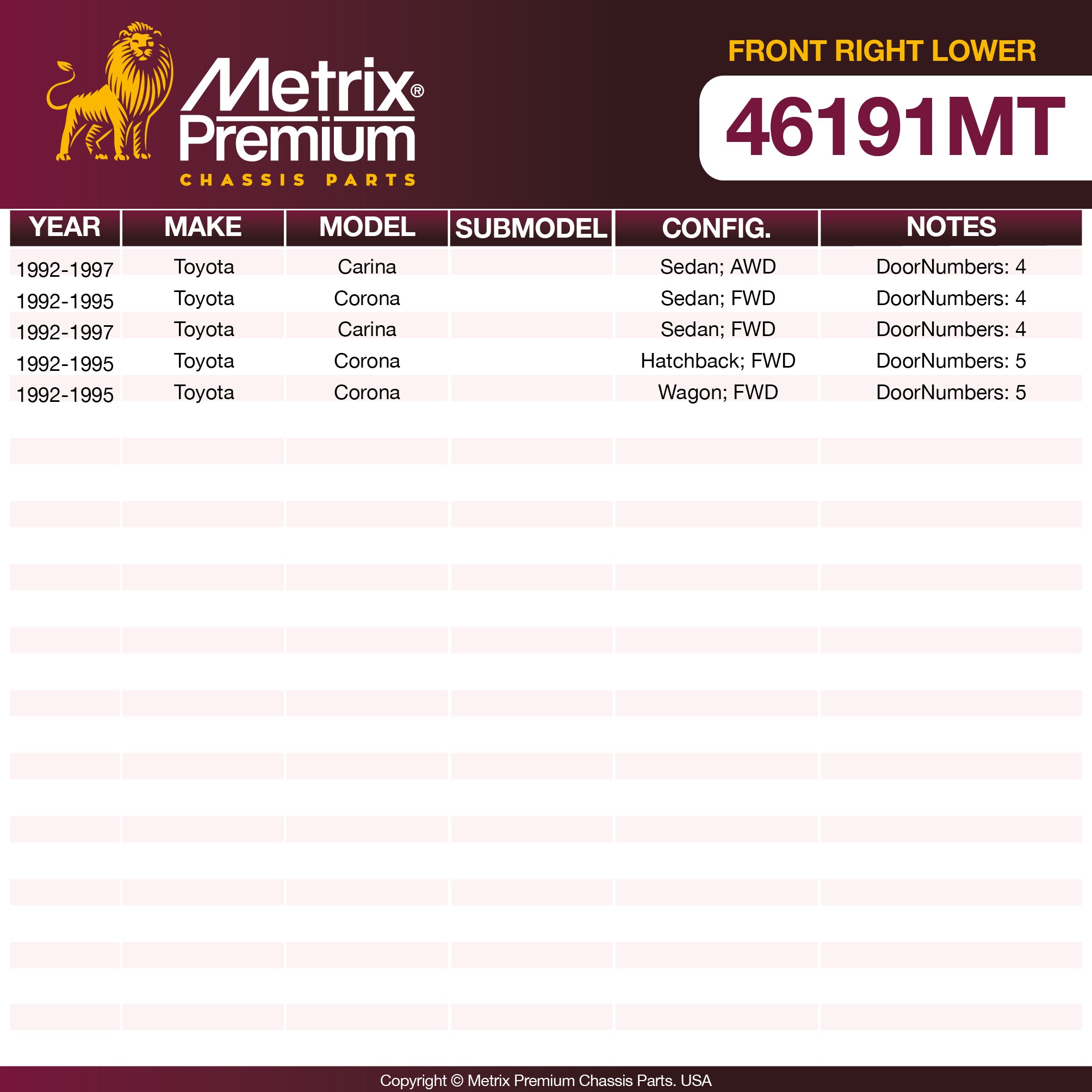 Metrix Premium Chassis Parts Front Right Lower Control Arm and Ball Joint Assembly 46191MT OEM fit auto parts