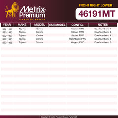 Metrix Premium Chassis Parts Front Right Lower Control Arm and Ball Joint Assembly 46191MT OEM fit auto parts