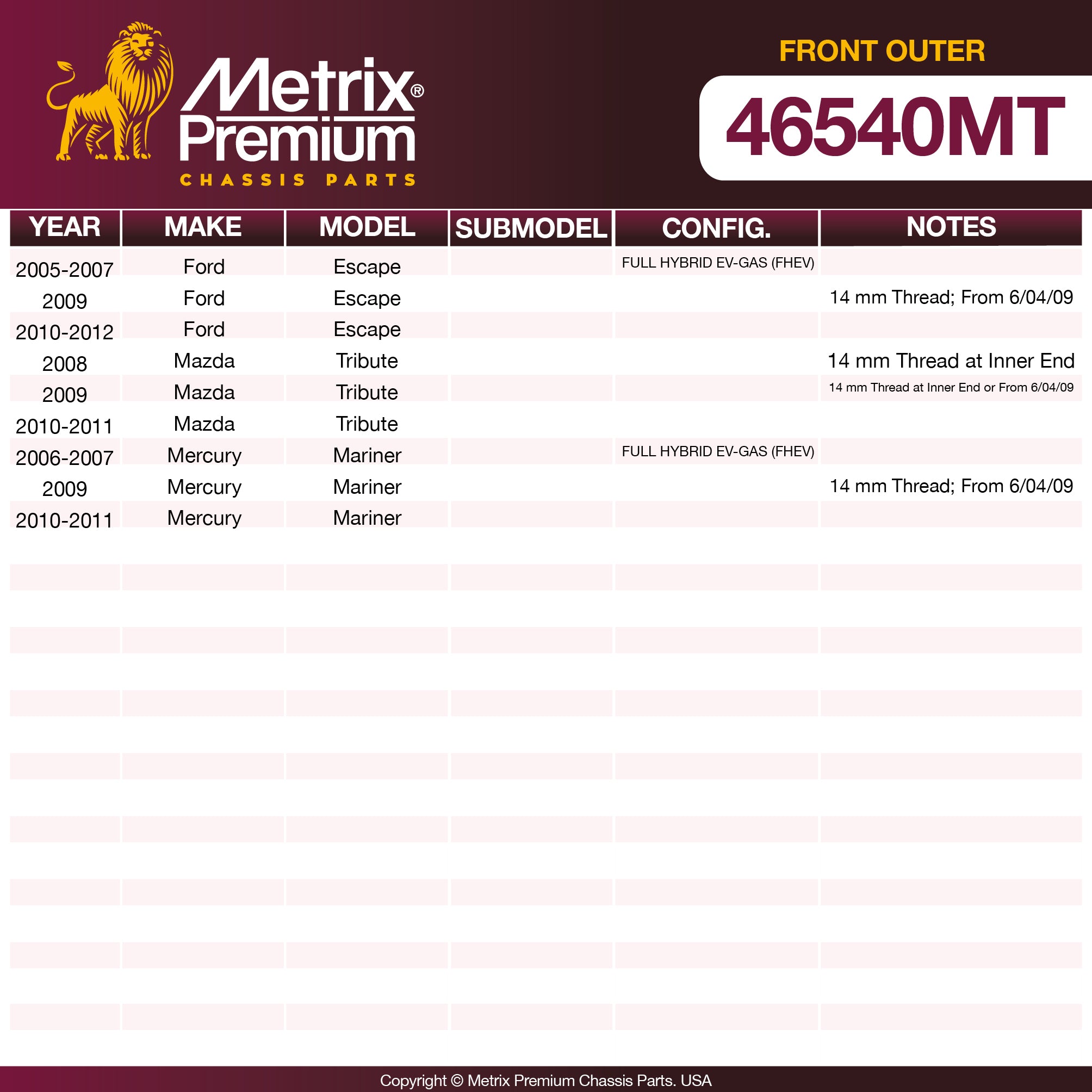 Metrix Premium Front Outer Tie Rod End 46540MT OEM fit spare parts