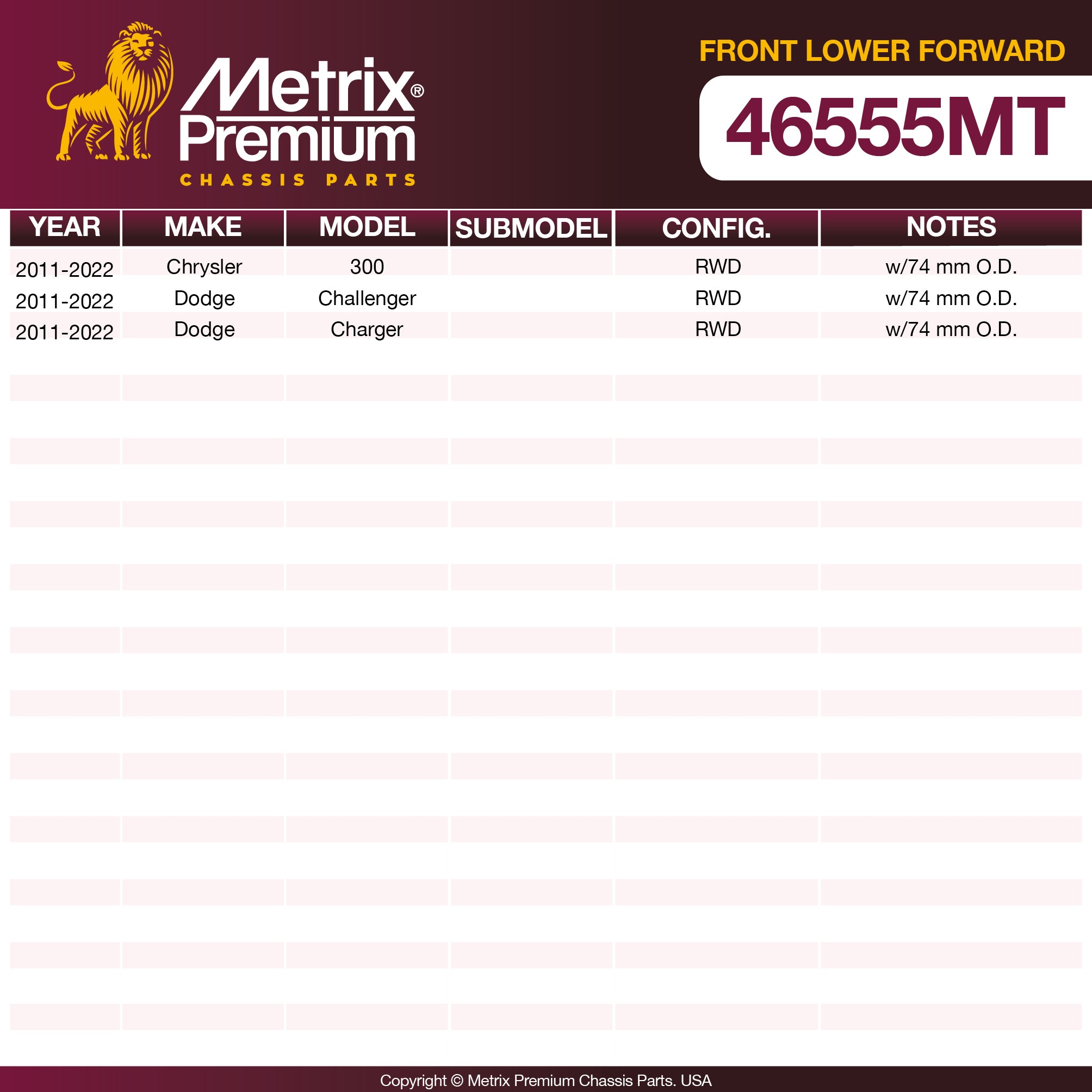 Metrix Premium Chassis Parts Front Lower Forward Control Arm Bushing 46555MT aftermarket car parts