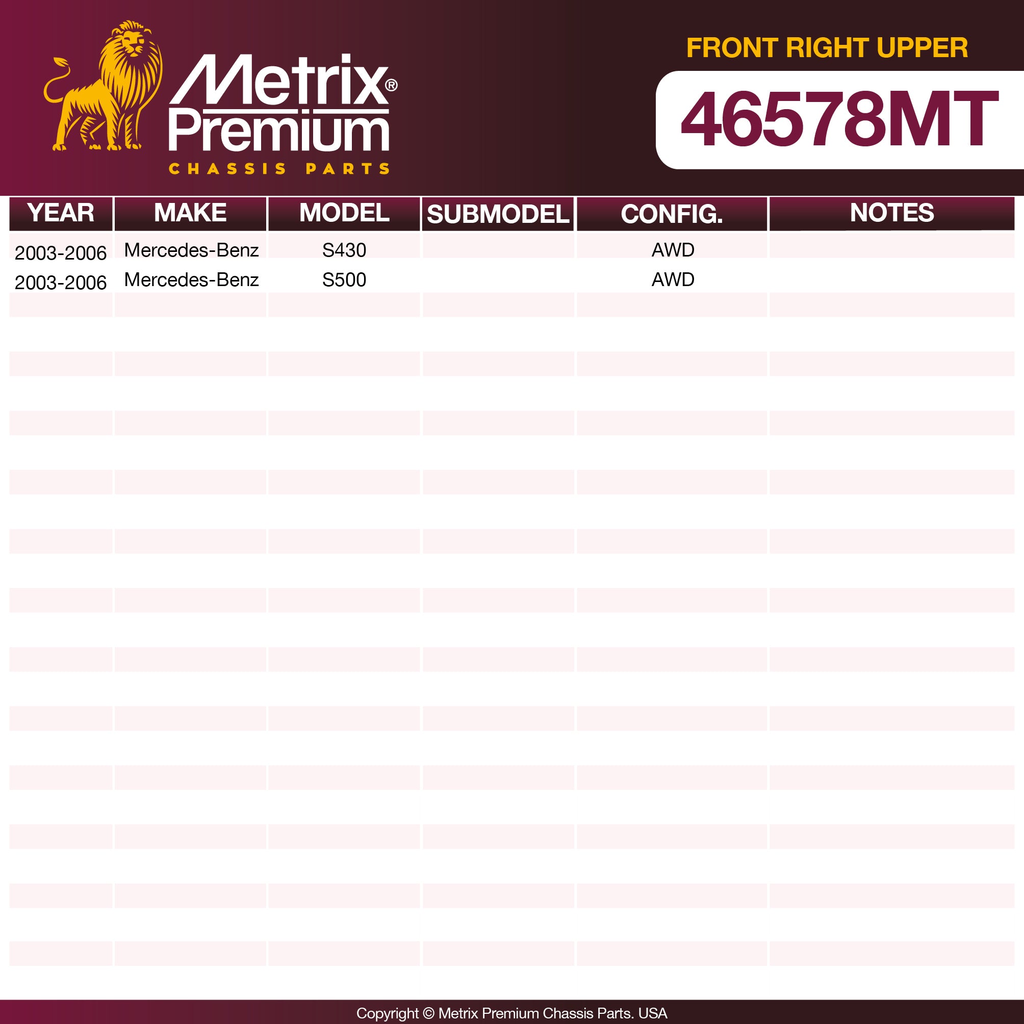 Metrix Premium Chassis Parts Front Right Upper Control Arm and Ball Joint Assembly 46578MT aftermarket car parts