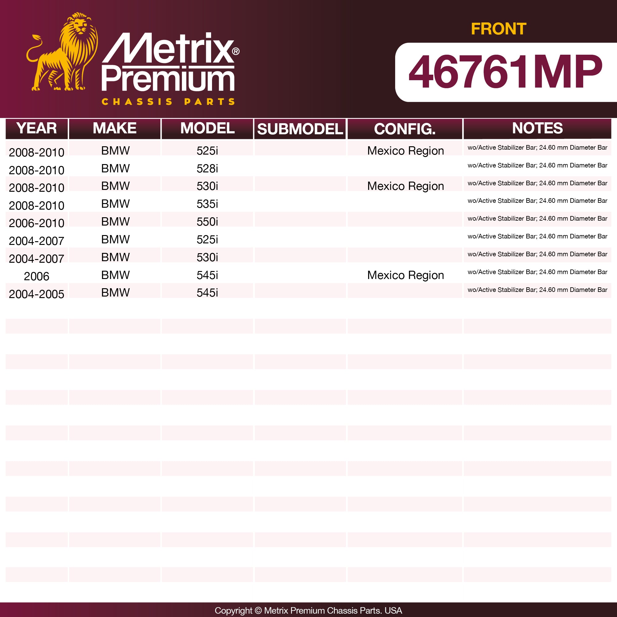 Metrix Premium Chassis Parts Front Stabilizer Bar Bushing Kit 46761MP aftermarket car parts