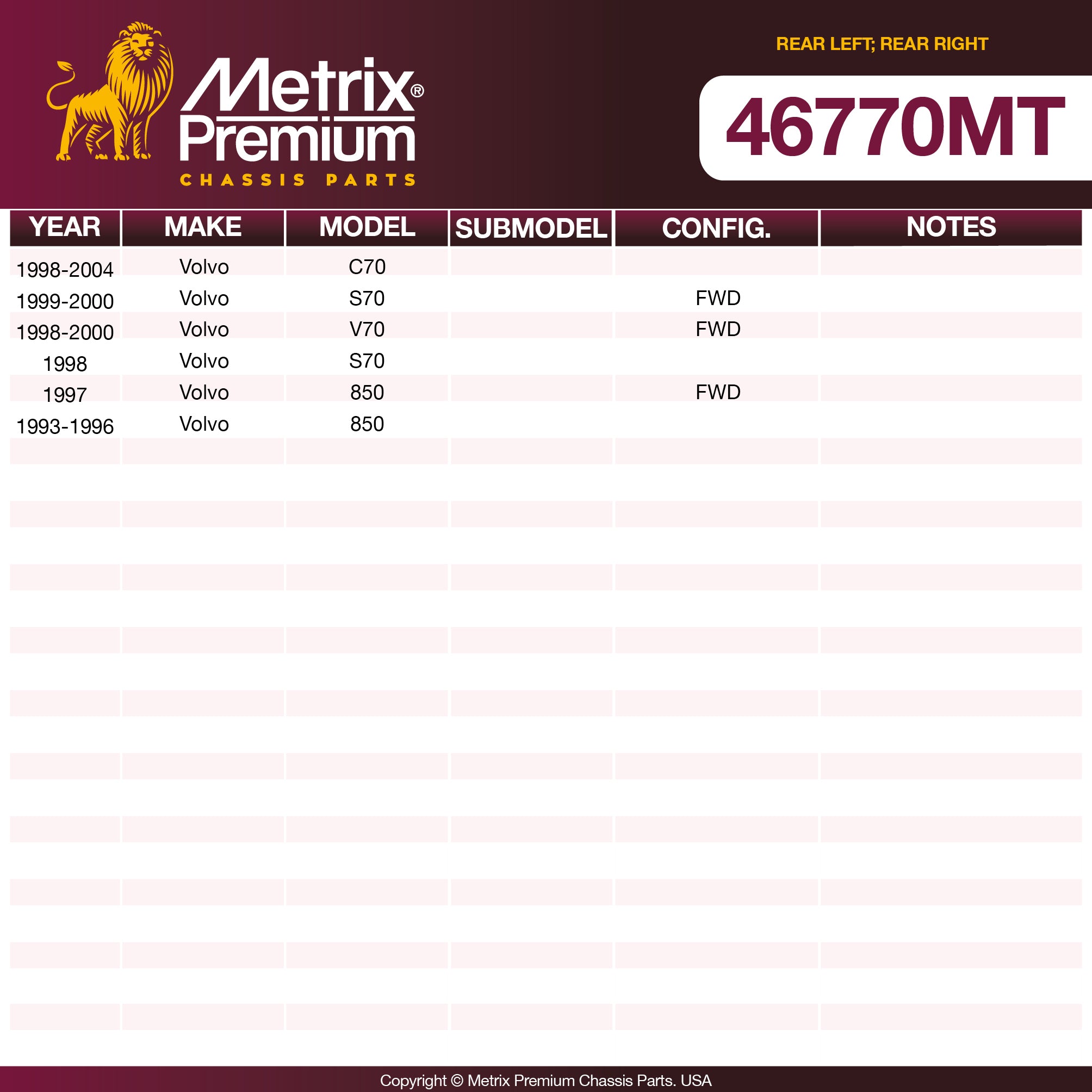 Metrix Premium Chassis Parts Rear Left; Rear Right Control Arm Bushing 46770MT OEM fit auto parts