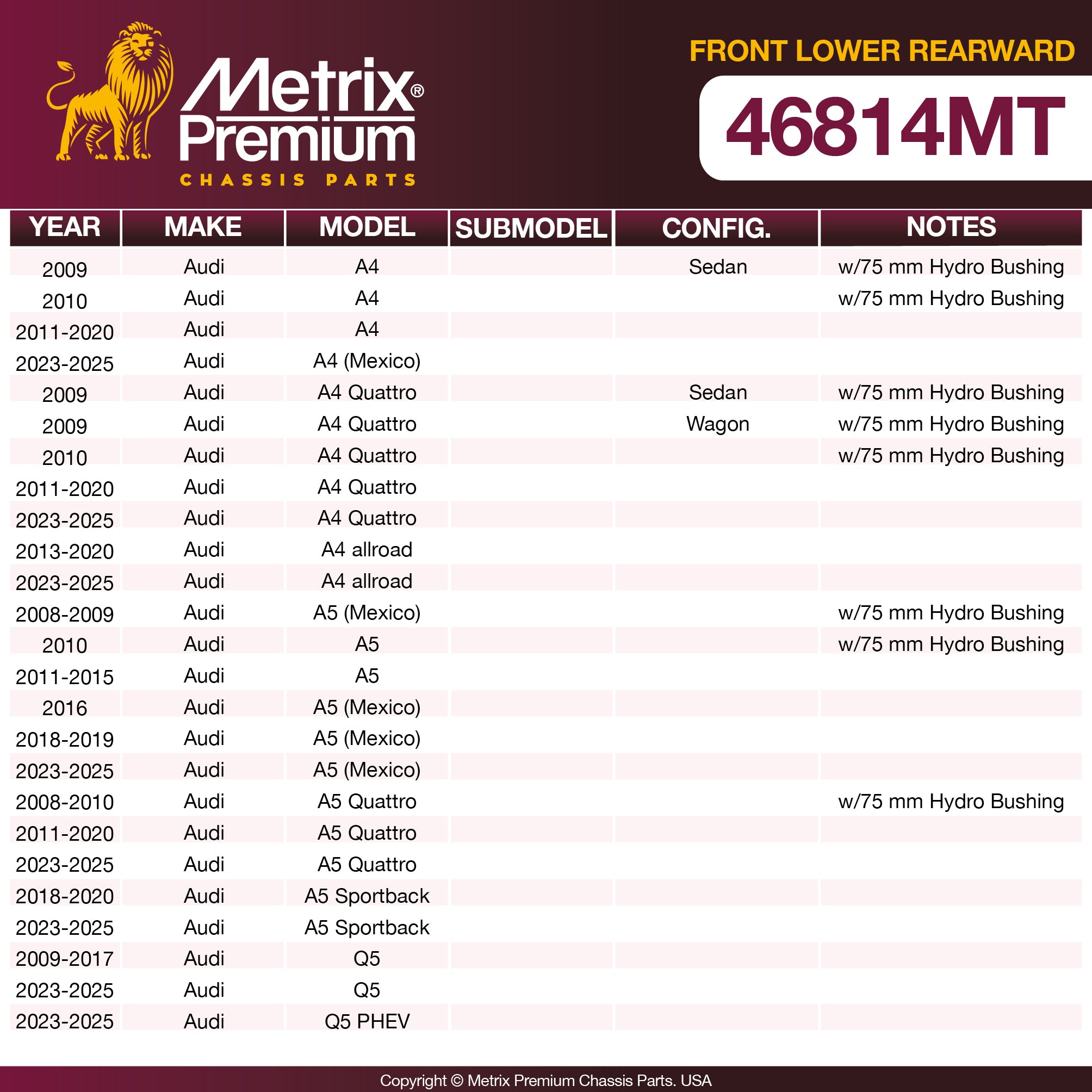 Metrix Premium Front Lower Rearward Control Arm Bushing 46814MT OEM fit spare parts