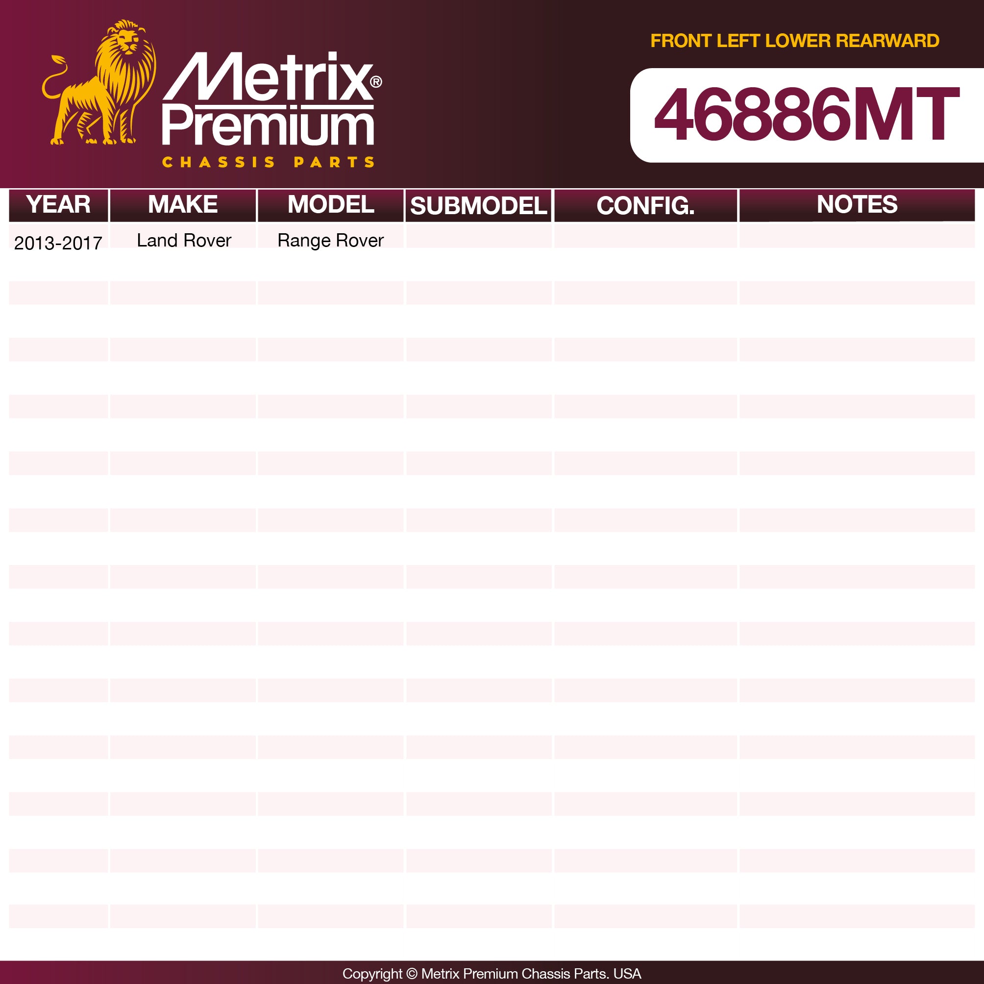 Metrix Premium Front Left Lower Rearward Control Arm and Ball Joint Assembly 46886MT OEM fit spare parts