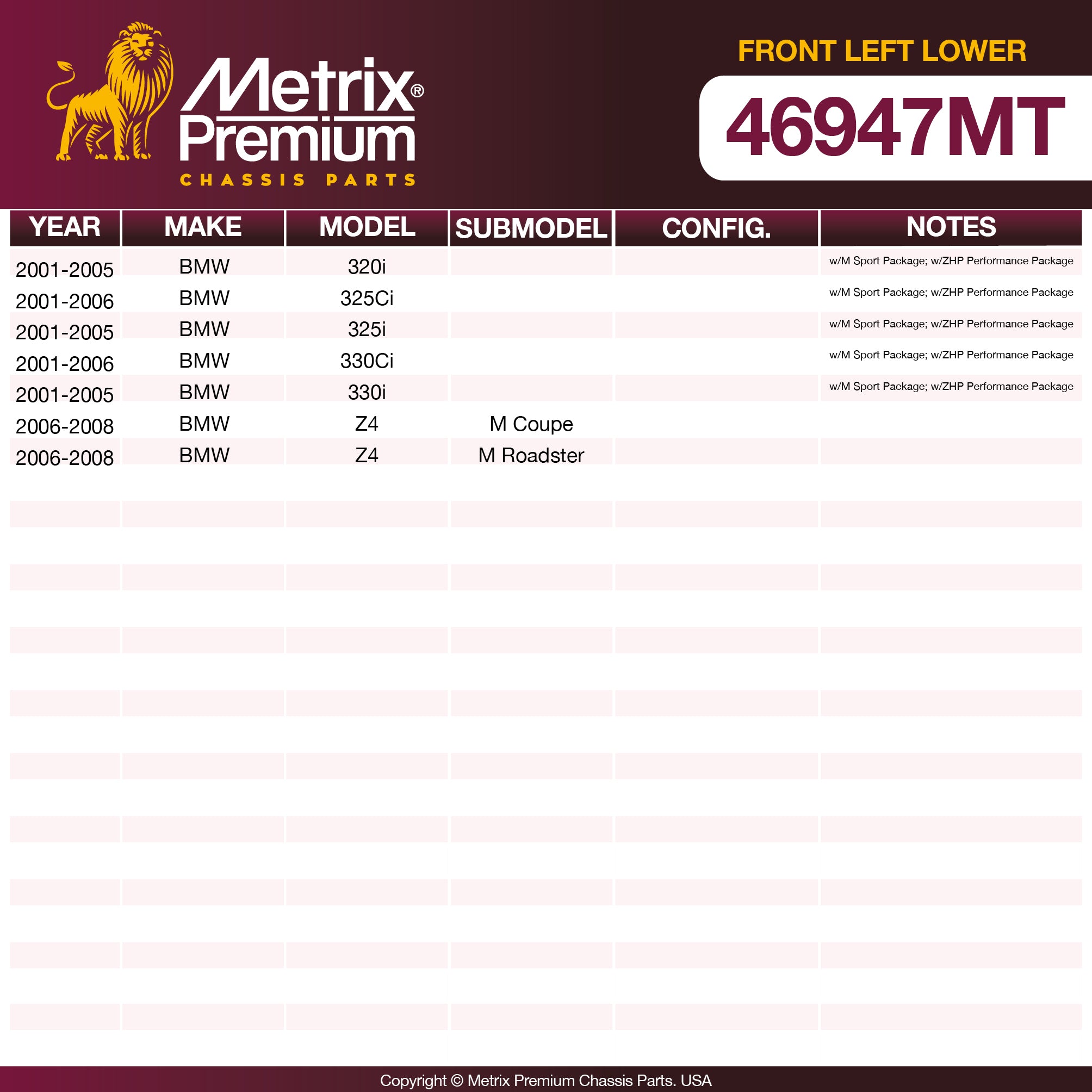 Metrix Premium Chassis Parts Front Left Lower Control Arm and Ball Joint Assembly 46947MT OEM fit auto parts
