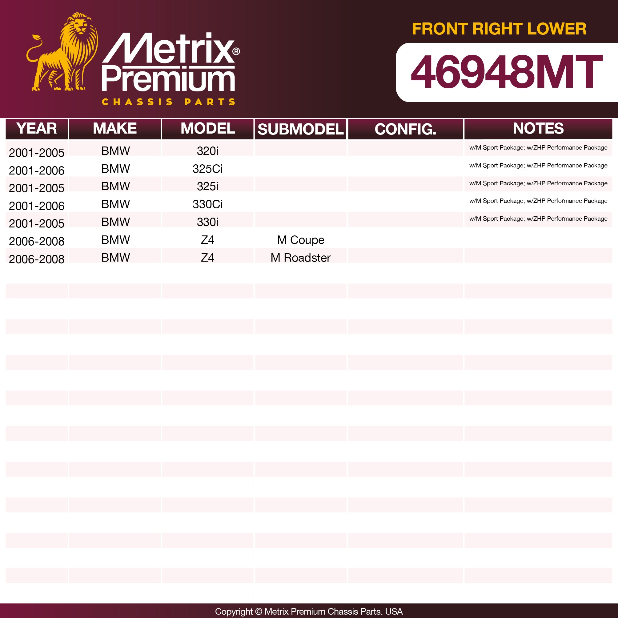 Metrix Premium Chassis Parts Front Right Lower Control Arm and Ball Joint Assembly 46948MT OEM fit auto parts