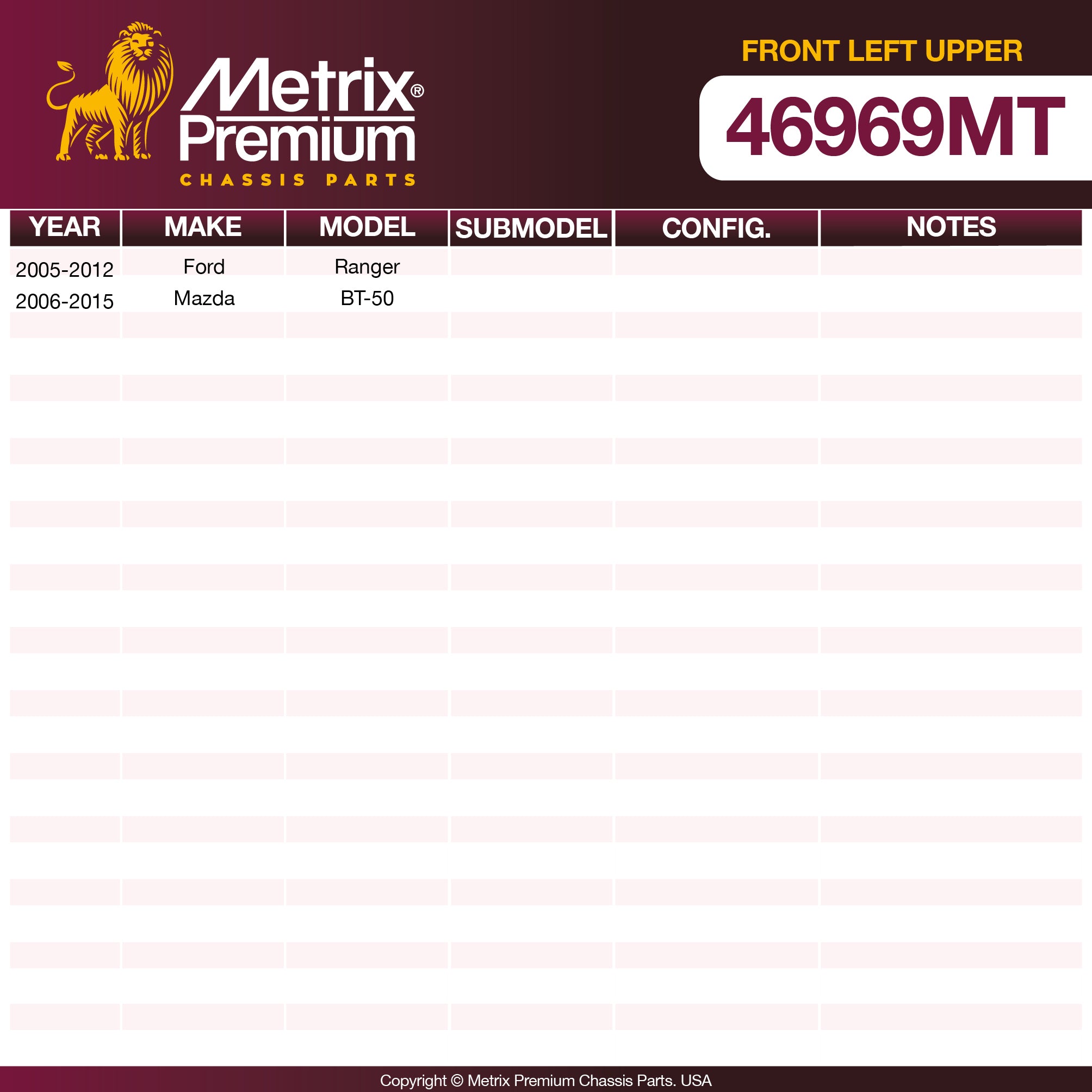 Metrix Premium Chassis Parts Front Left Upper Control Arm and Ball Joint Assembly 46969MT OEM fit auto parts