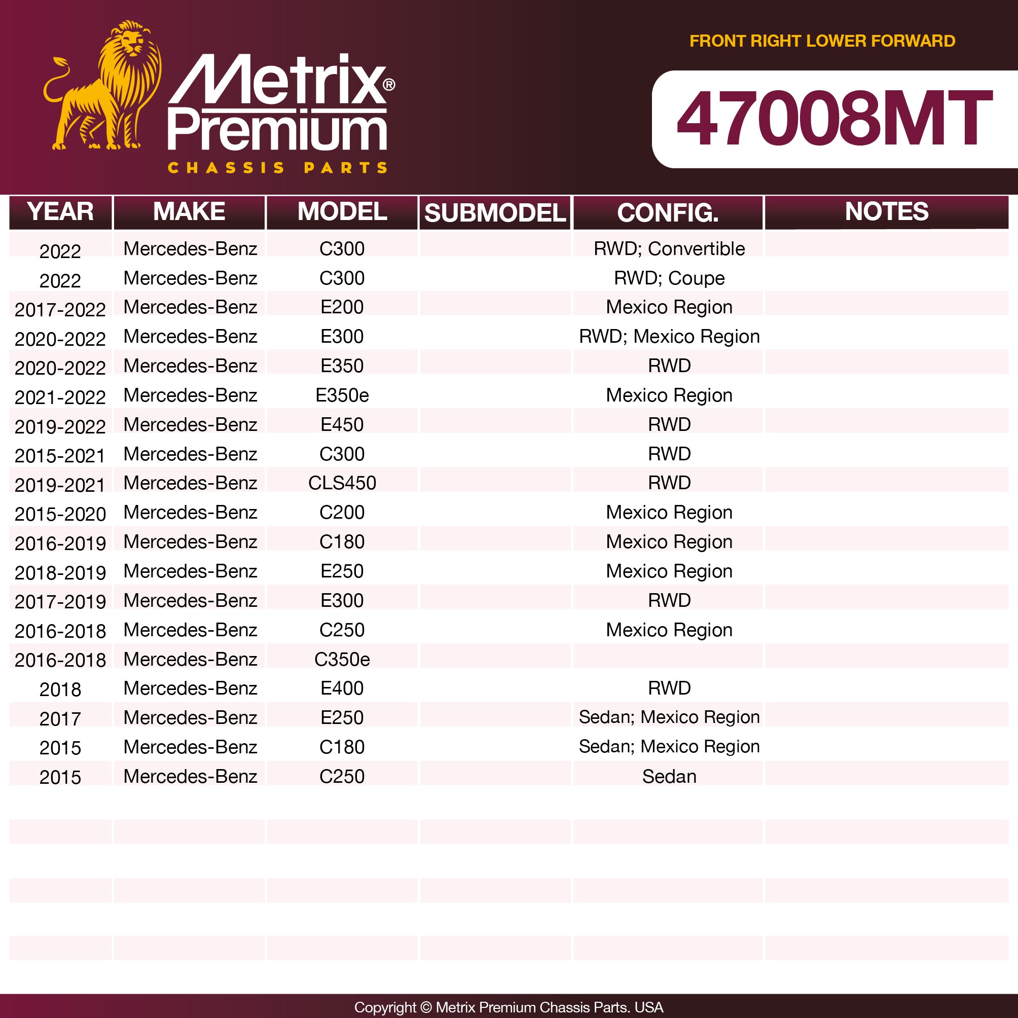 Metrix Premium Chassis Parts Front Right Lower Forward Control Arm And Ball Joint Assembly 47008MT OEM fit auto parts