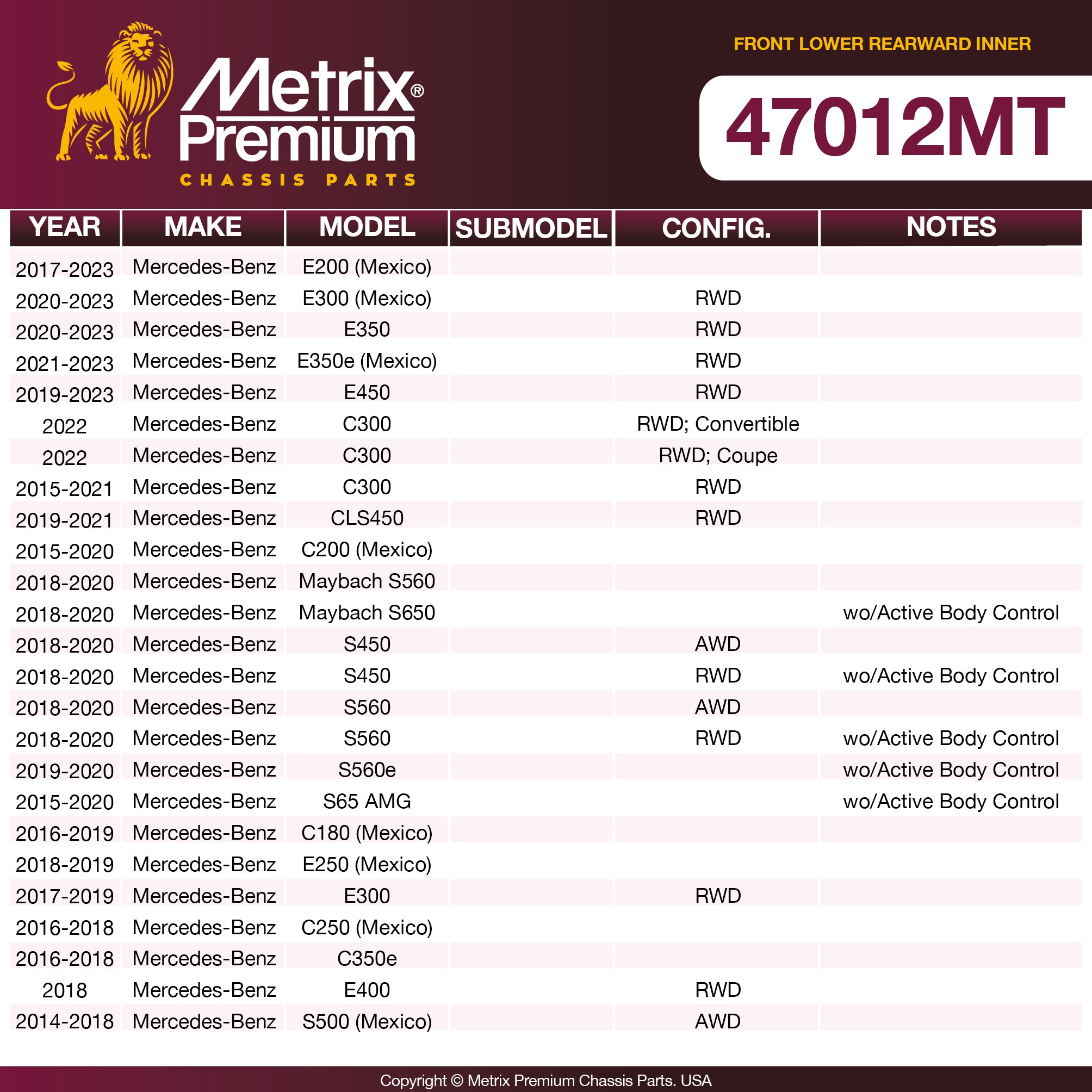 Metrix Premium Chassis Parts Front Lower Rearward Inner Control Arm Bushing 47012MT aftermarket car parts