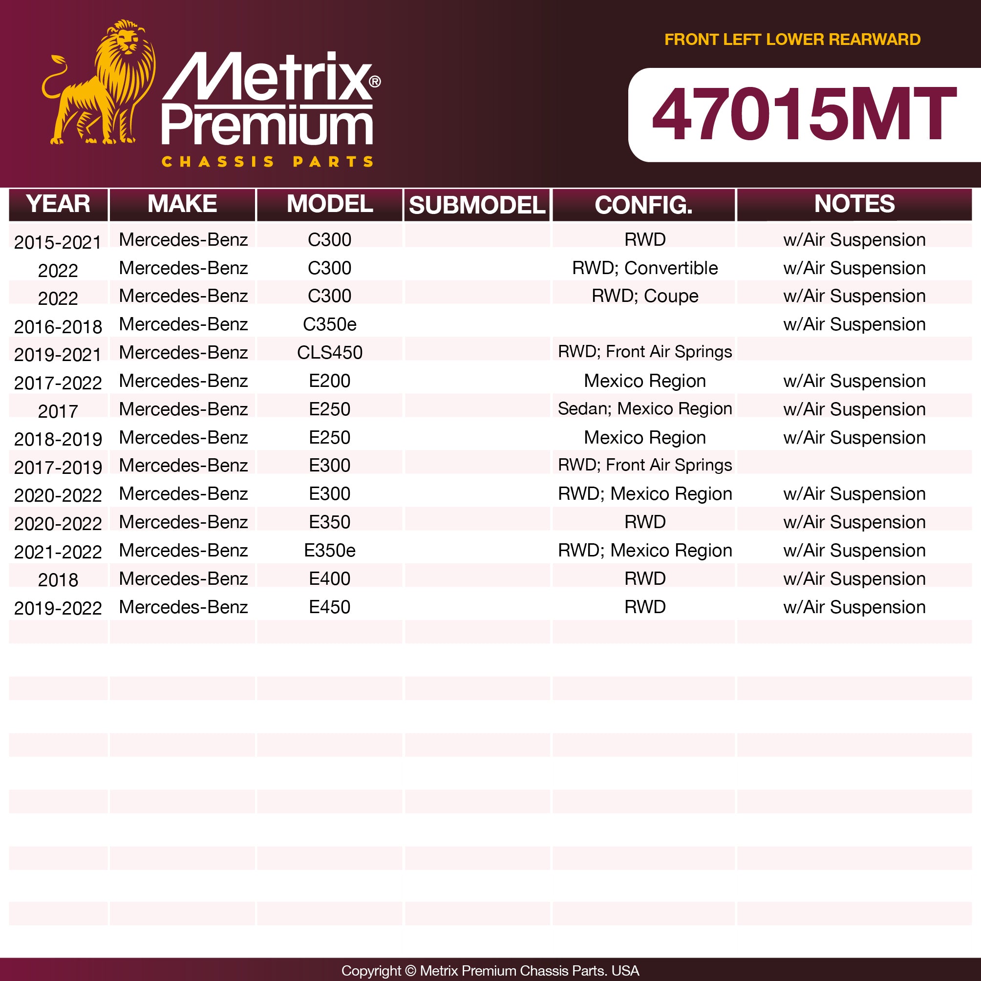Metrix Premium Chassis Parts Front Left Lower Rearward Control Arm and Ball Joint Assembly 47015MT aftermarket car parts