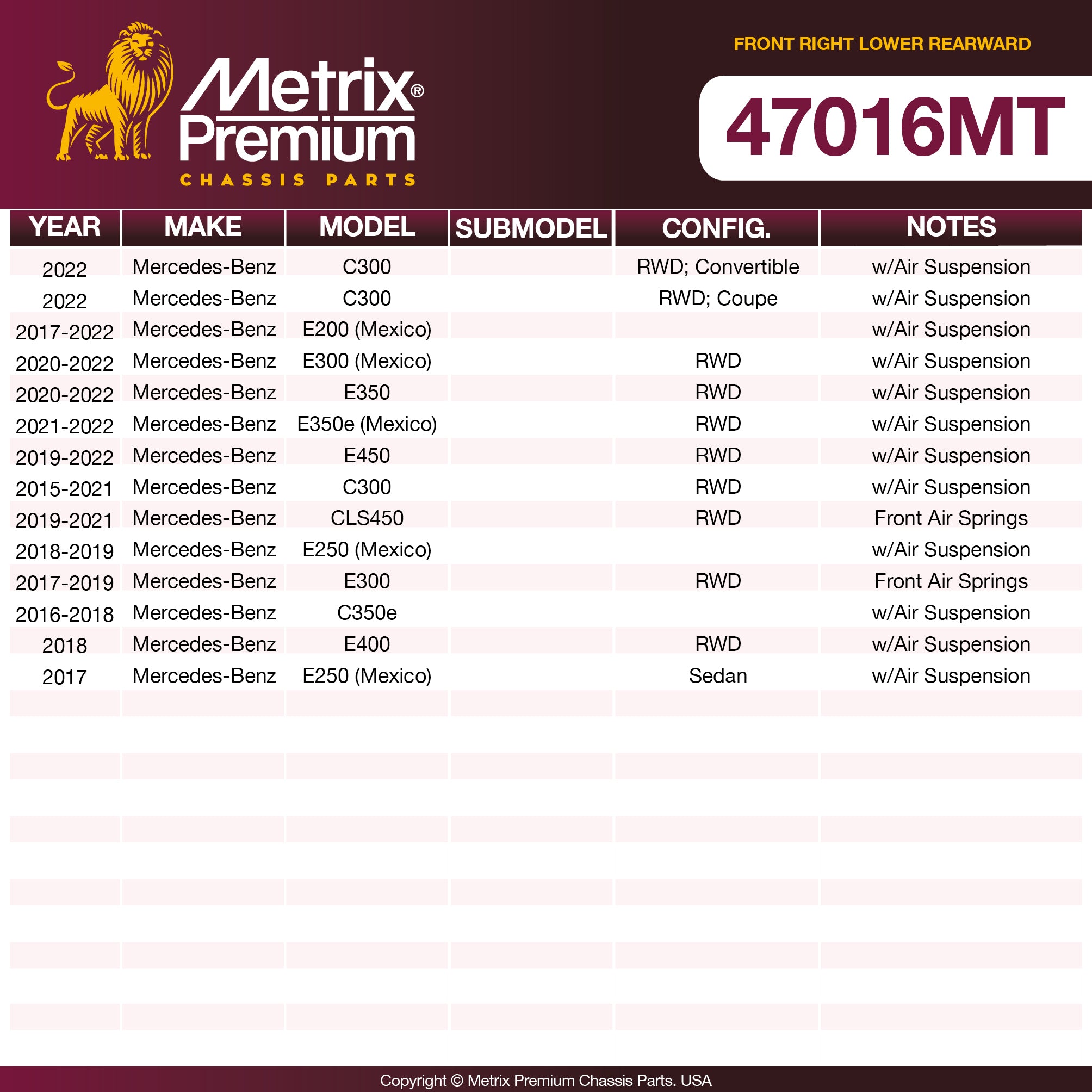 Metrix Premium Chassis Parts Front Right Lower Rearward Control Arm and Ball Joint Assembly 47016MT OEM fit auto parts