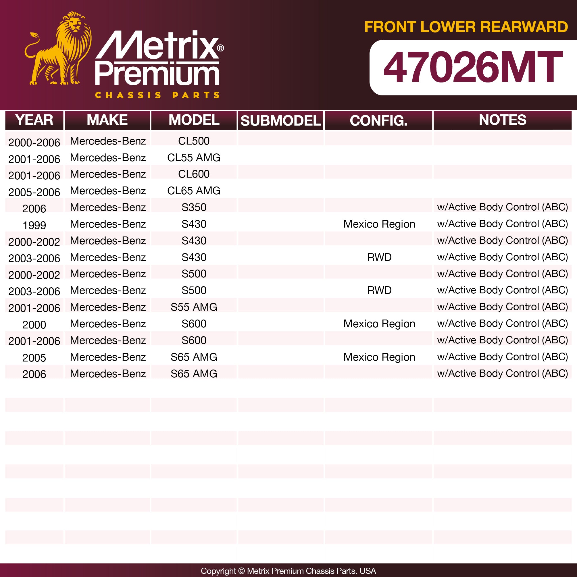 Metrix Premium Chassis Parts Front Lower Rearward Control Arm and Ball Joint Assembly 47026MT aftermarket car parts