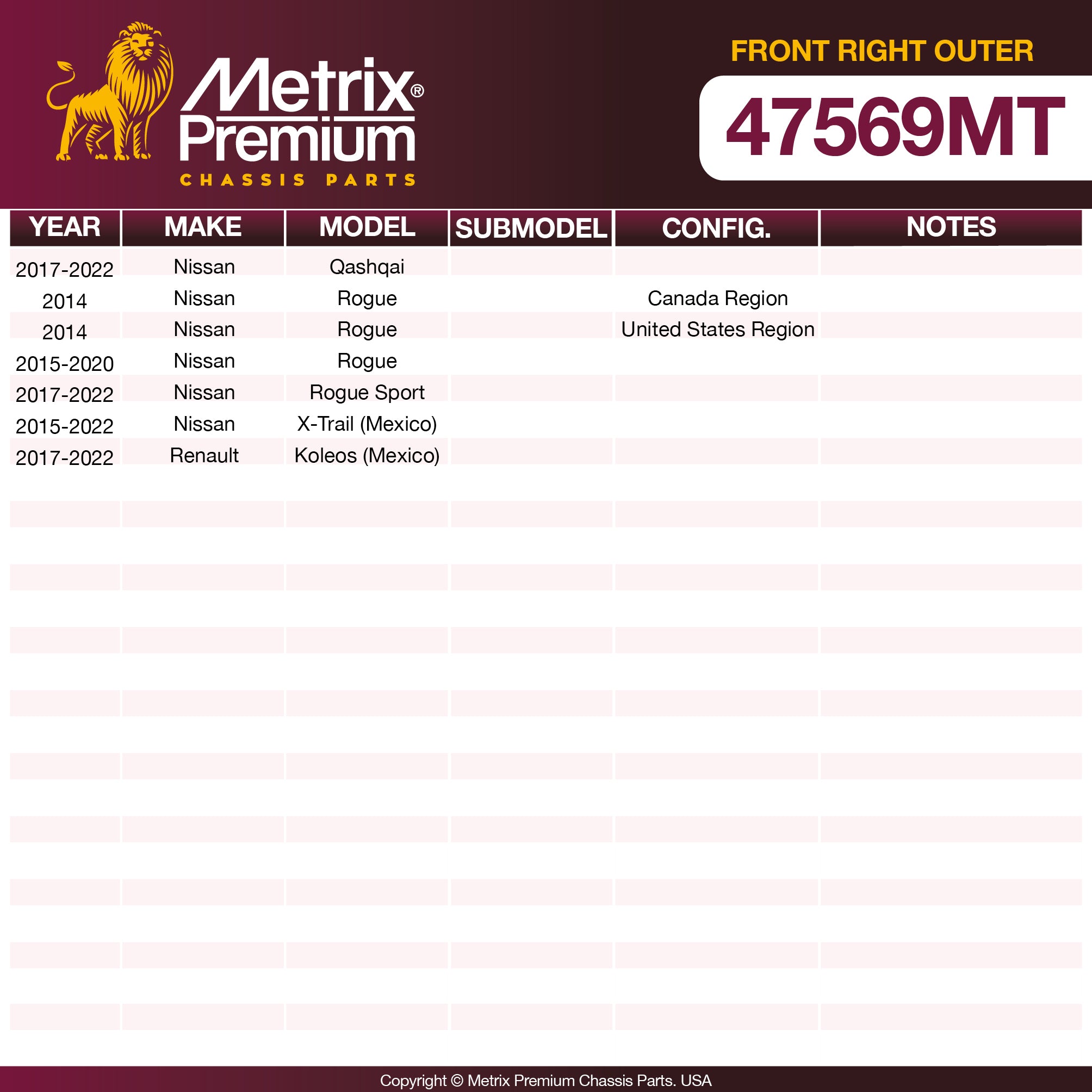 Metrix Premium Front Right Outer Tie Rod End 47569MT OEM fit spare parts