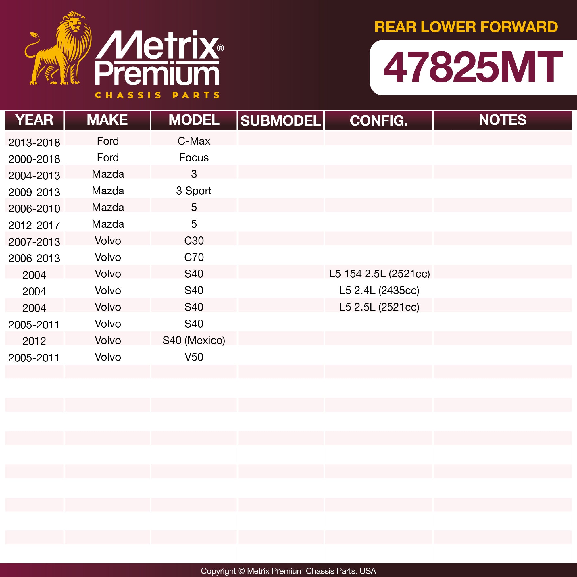 Metrix Premium Chassis Parts Rear Lower Forward Lateral Arm 47825MT aftermarket car parts