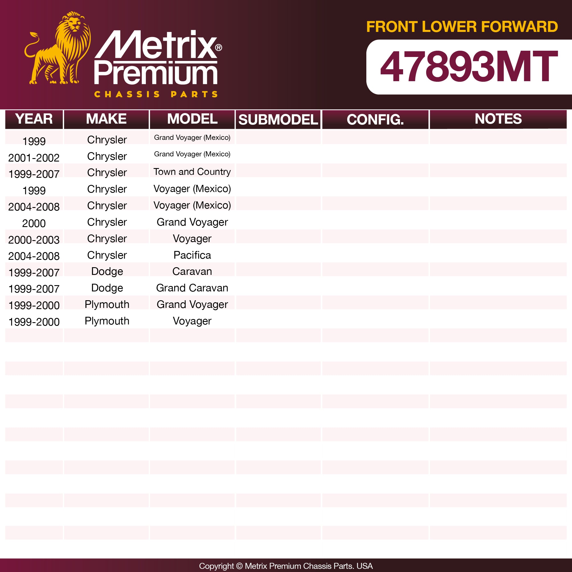 Metrix Premium Chassis Parts Front Lower Forward Control Arm Bushing 47893MT OEM fit auto parts