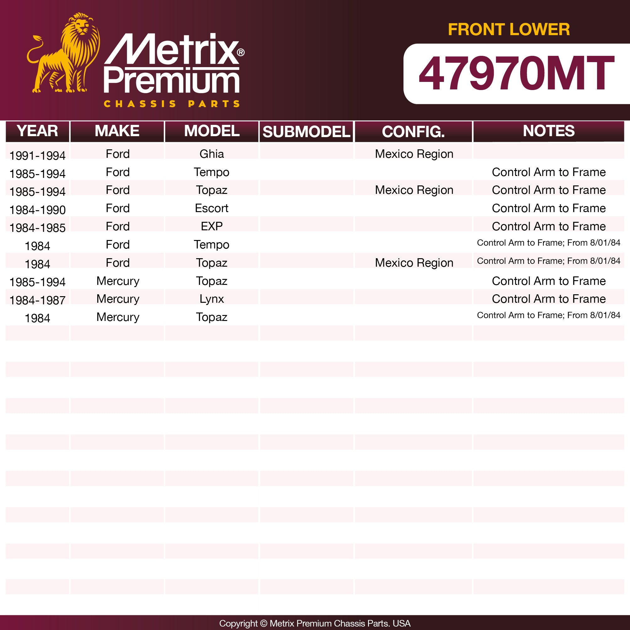 Metrix Premium Chassis Parts Front Lower Control Arm Bushing 47970MT OEM fit auto parts