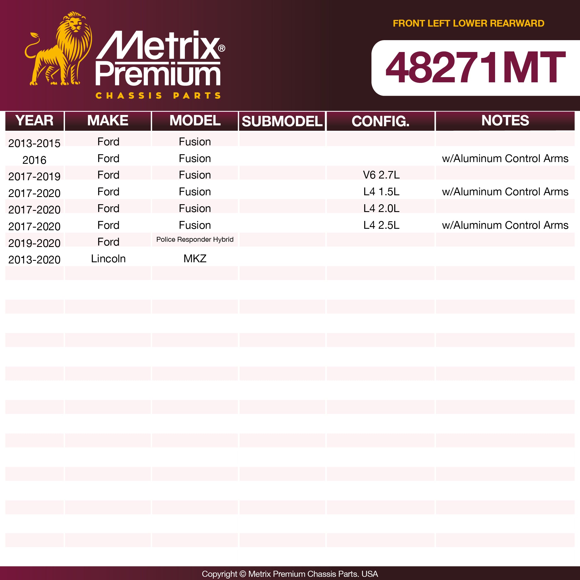 Metrix Premium Front Left Lower Rearward Control Arm Bushing 48271MT OEM fit spare parts