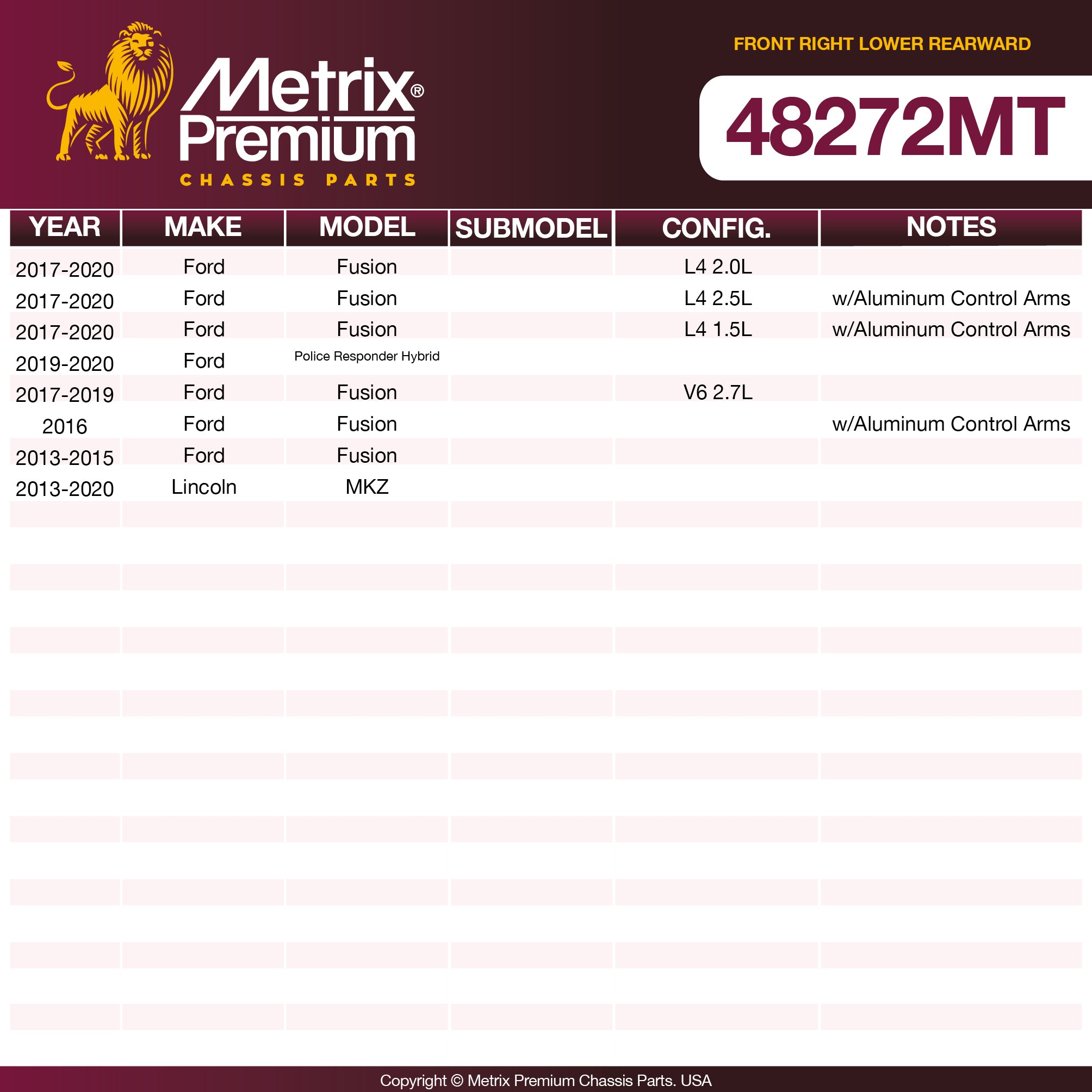 Metrix Premium Chassis Parts Front Right Lower Rearward Control Arm Bushing 48272MT aftermarket car parts