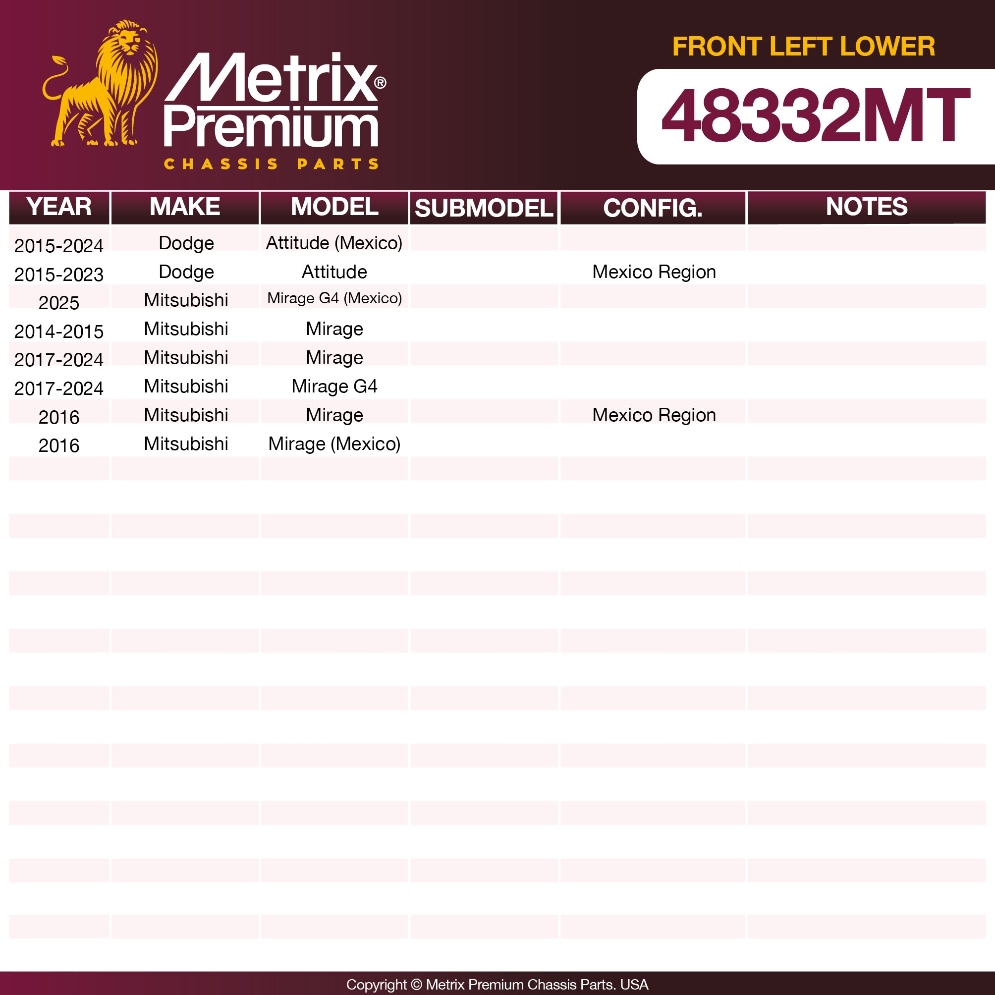 Metrix Premium Chassis Parts Front Left Lower Control Arm and Ball Joint Assembly 48332MT OEM fit auto parts