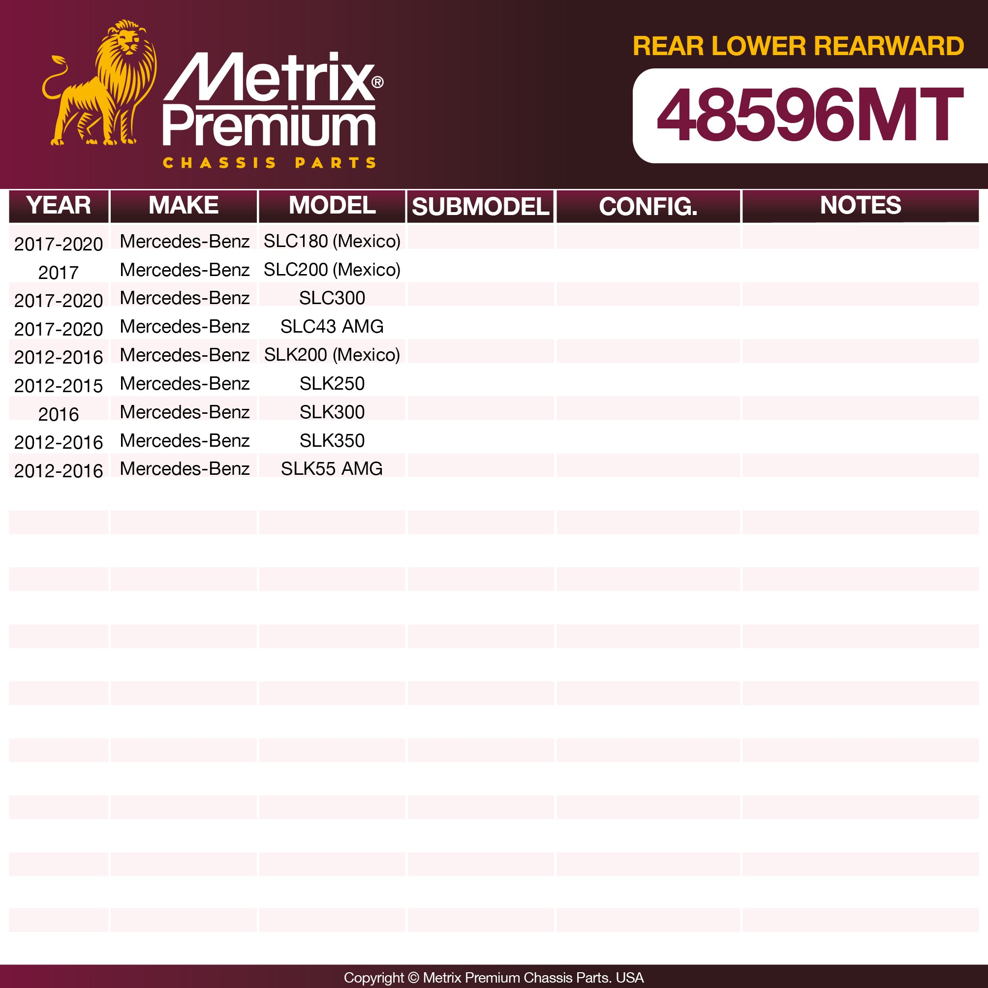 Metrix Premium Chassis Parts Rear Lower Rearward Control Arm and Ball Joint Assembly 48596MT aftermarket car parts