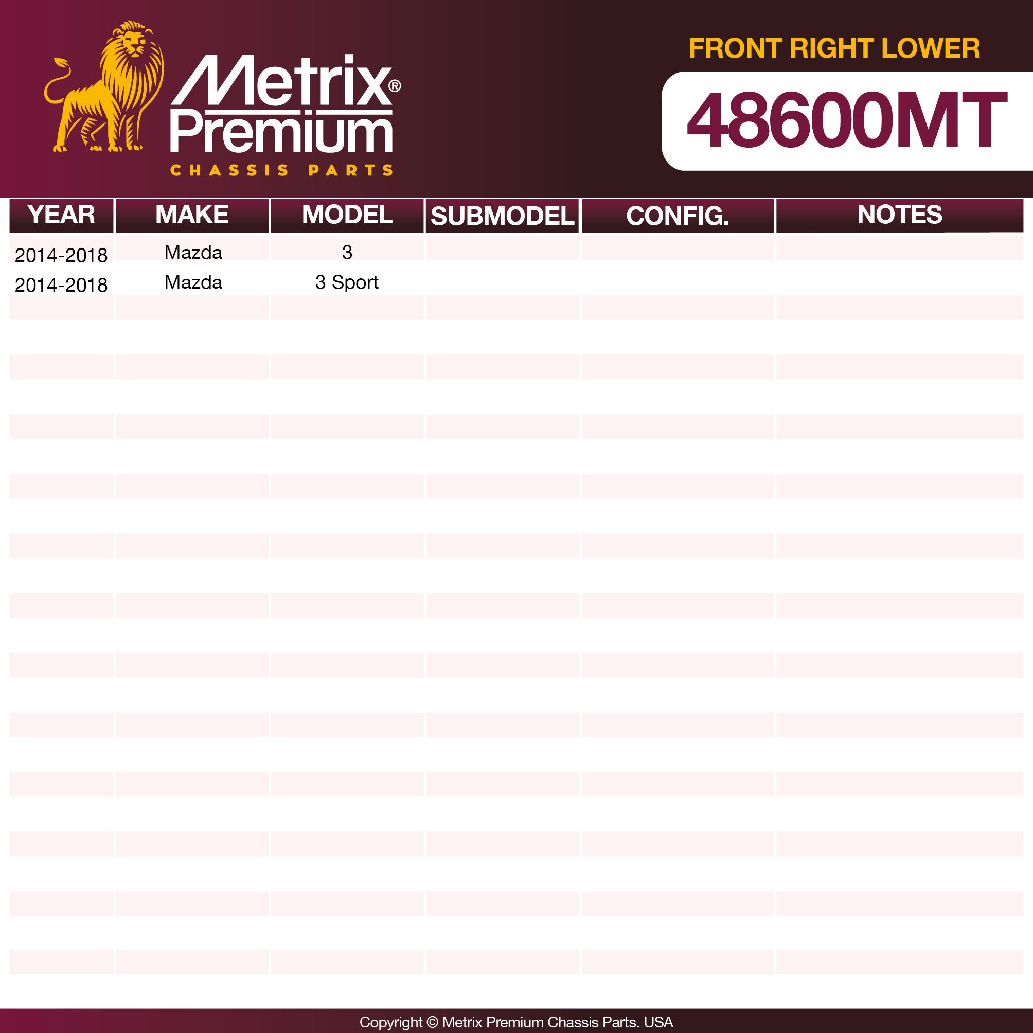 Metrix Premium Chassis Parts Front Right Lower Control Arm and Ball Joint Assembly 48600MT OEM fit auto parts