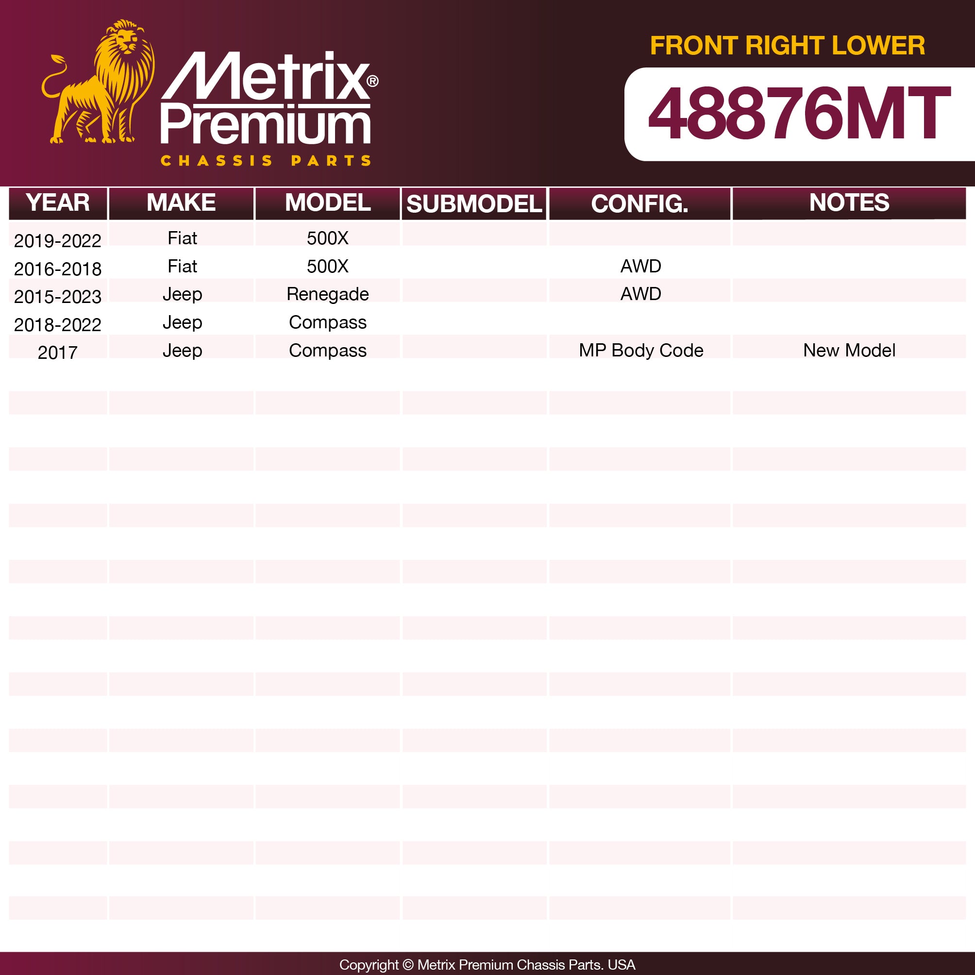 Metrix Premium Chassis Parts Front Right Lower Control Arm and Ball Joint Assembly 48876MT OEM fit auto parts