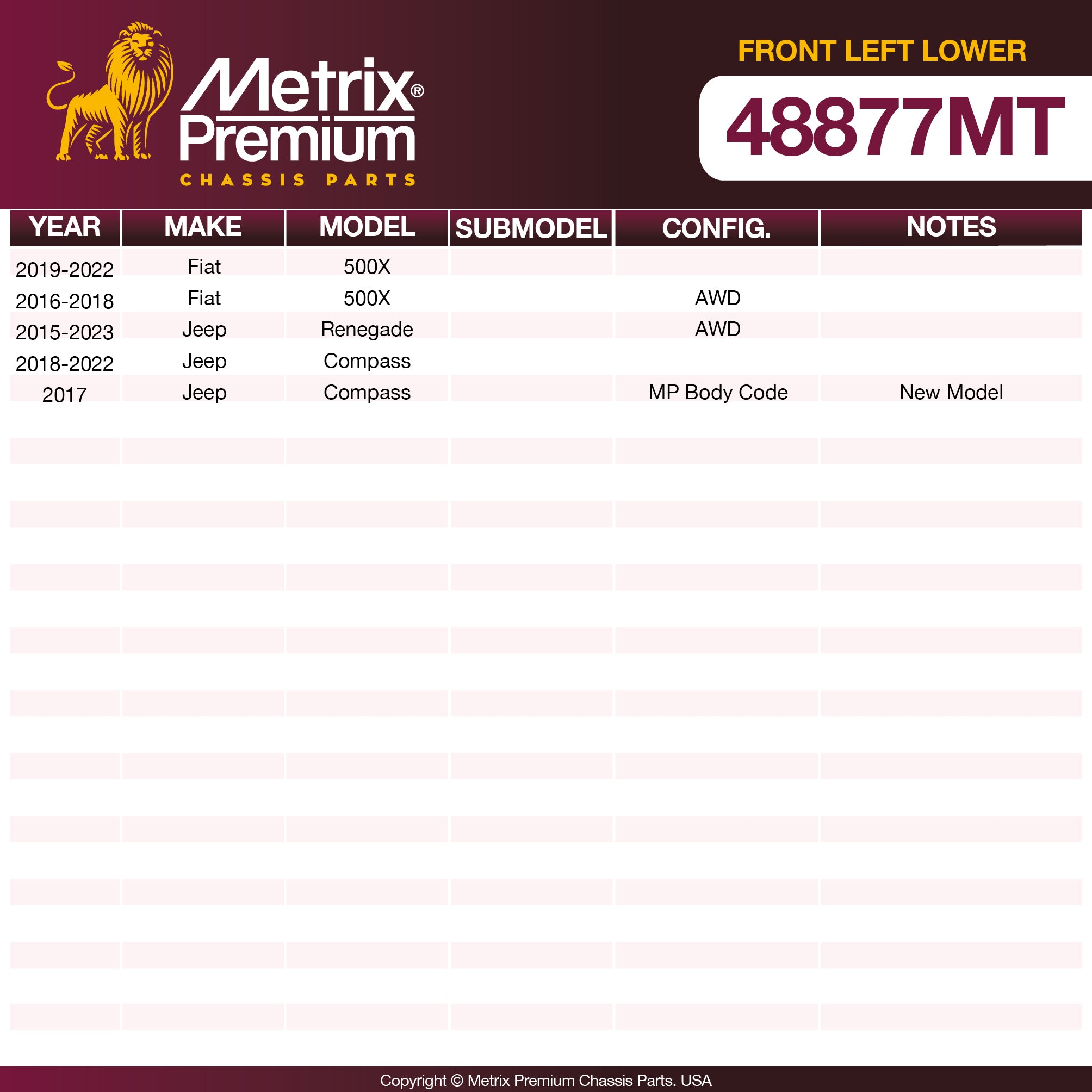 Metrix Premium Chassis Parts Front Left Lower Control Arm and Ball Joint Assembly 48877MT OEM fit auto parts