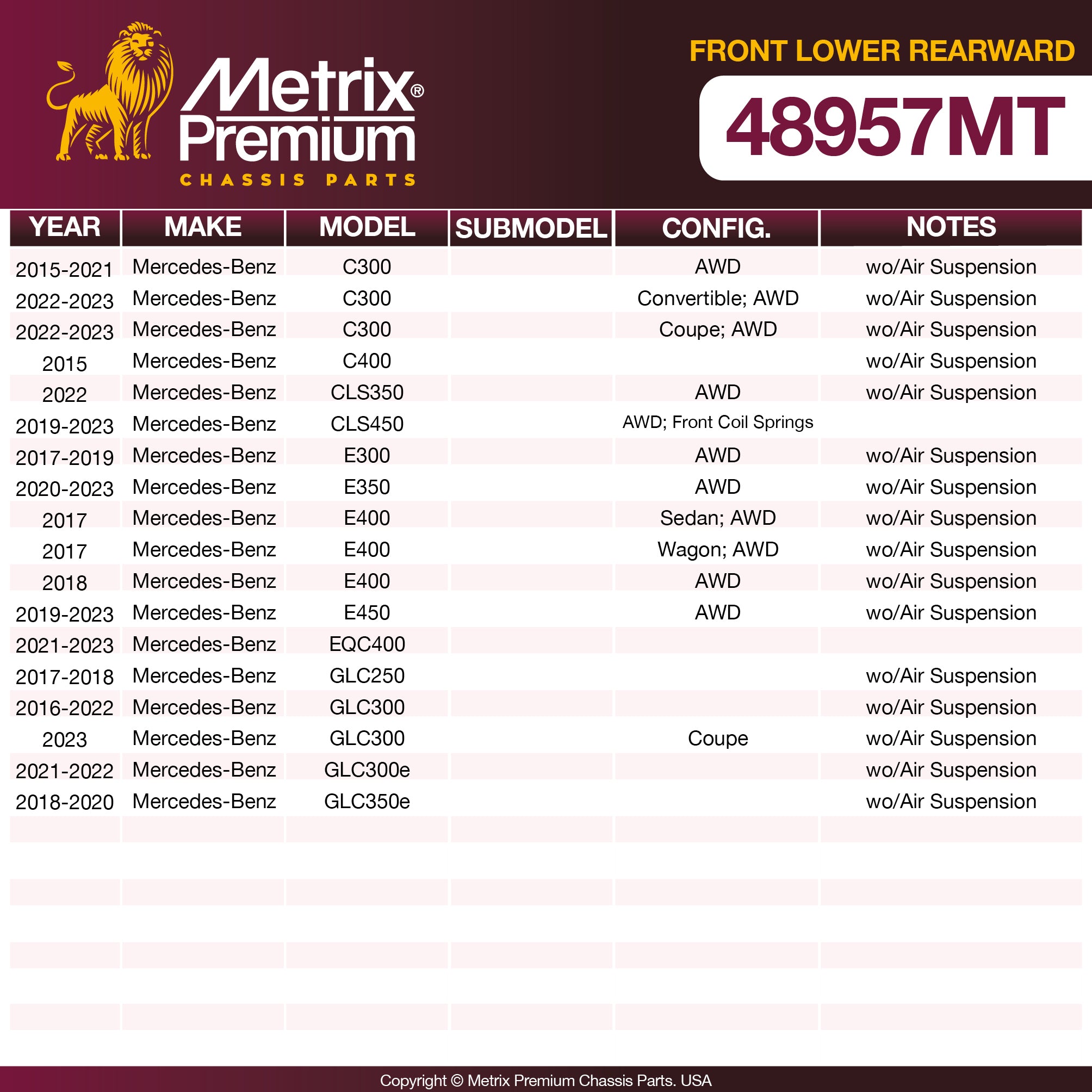 Metrix Premium Front Lower Rearward Control Arm and Ball Joint Assembly 48957MT OEM fit spare parts