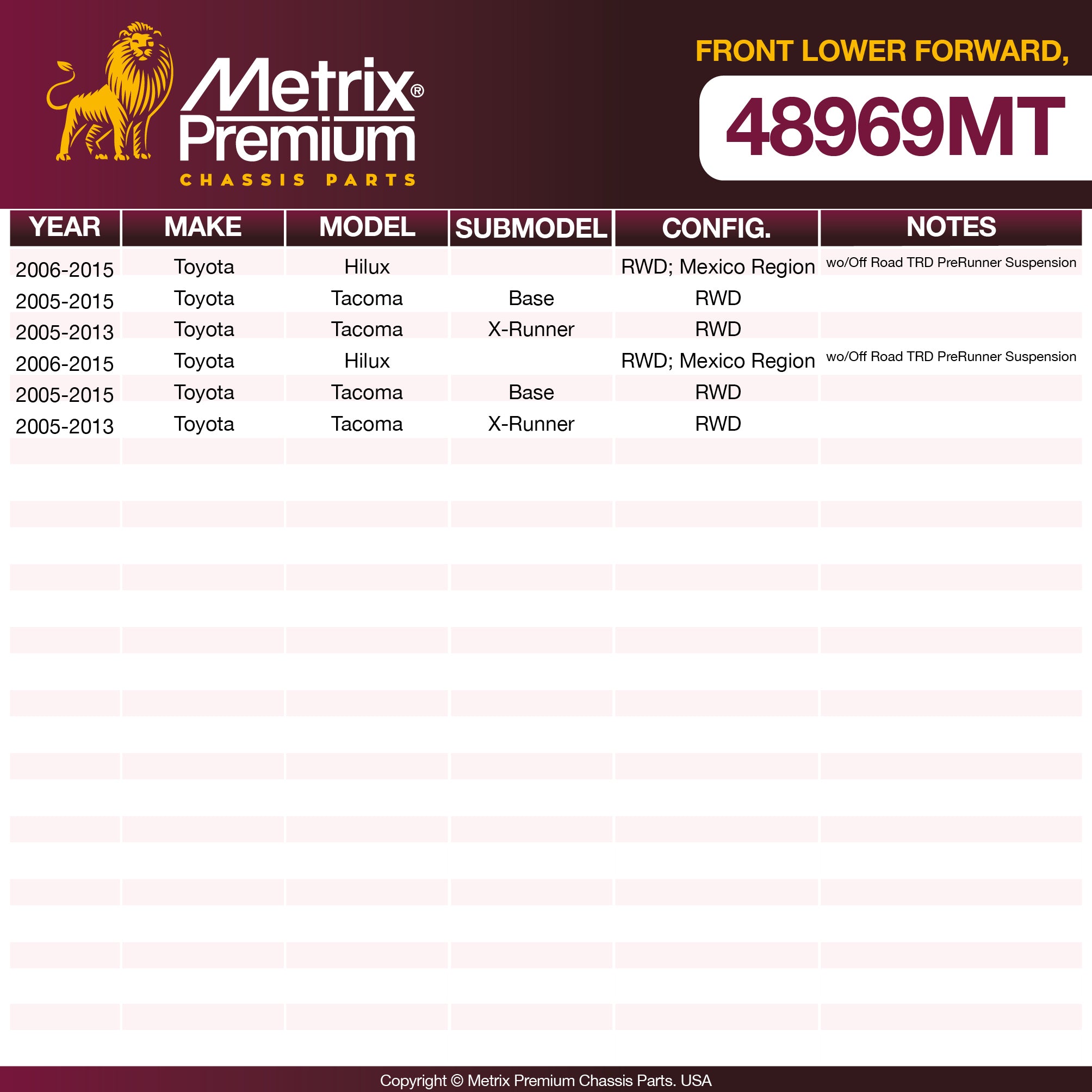 Metrix Premium Chassis Parts Front Lower Forward Control Arm Bushing 48969MT OEM fit auto parts