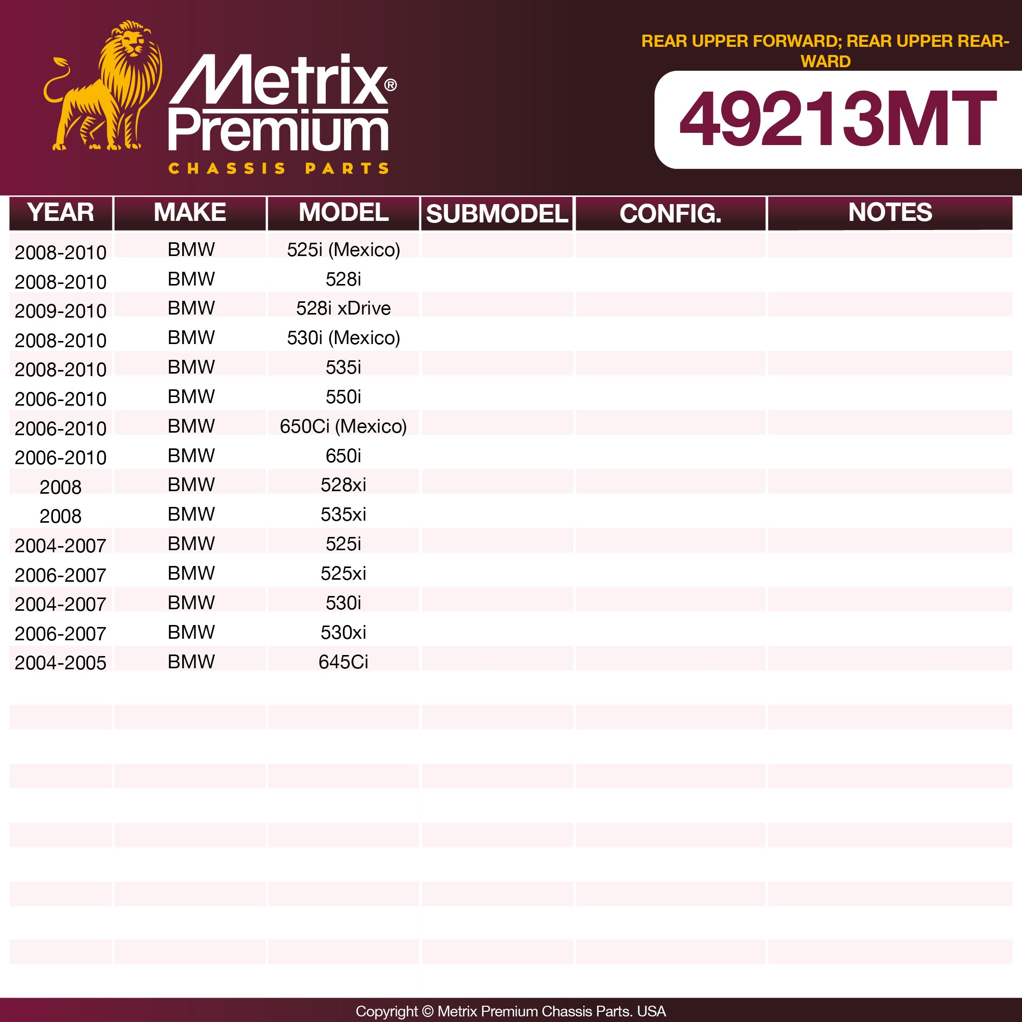 Metrix Premium Chassis Parts Rear Upper Forward; Rear Upper Rearward Subframe Bushing 49213MT aftermarket car parts
