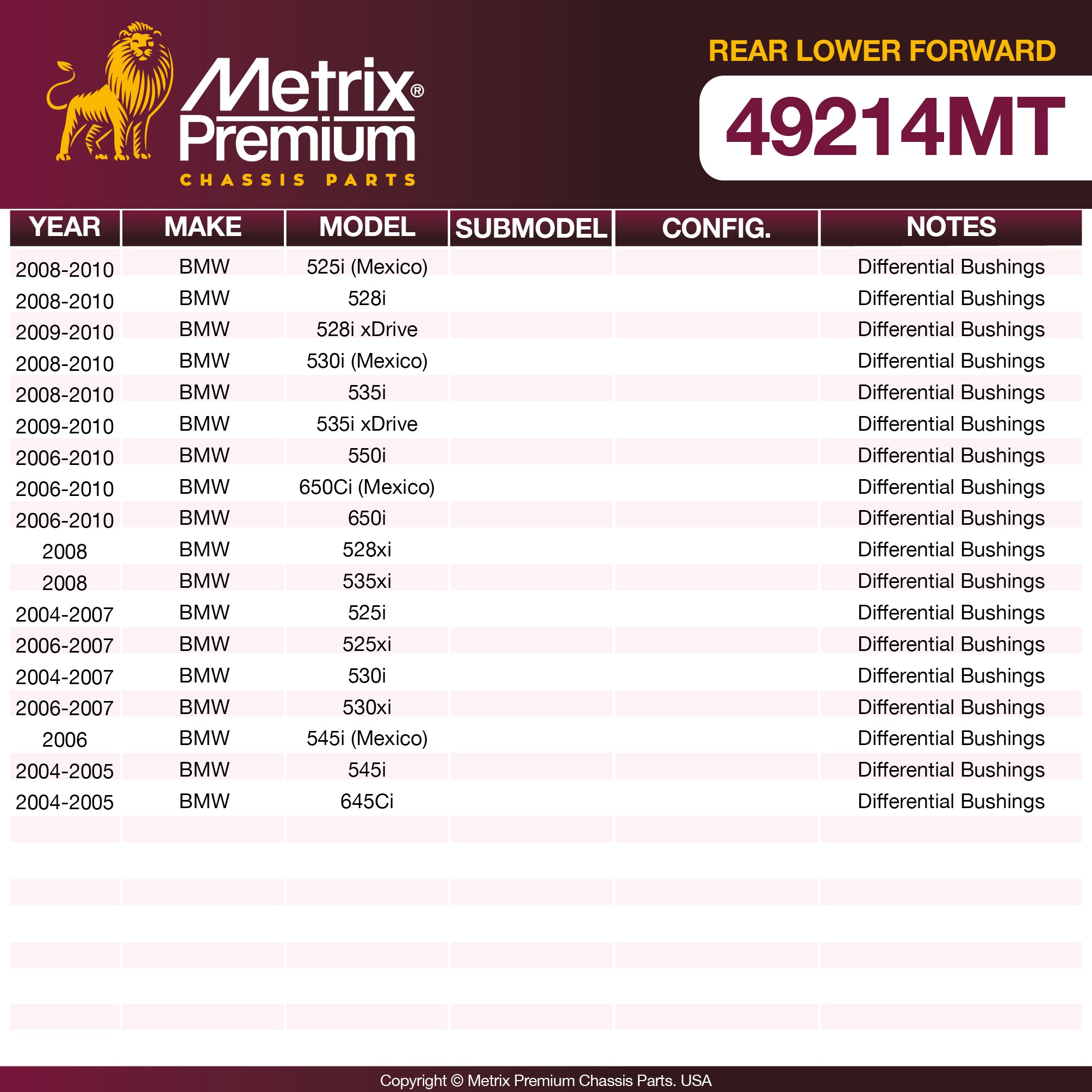 Metrix Premium Chassis Parts Rear Lower Forward Subframe Bushing 49214MT OEM fit auto parts