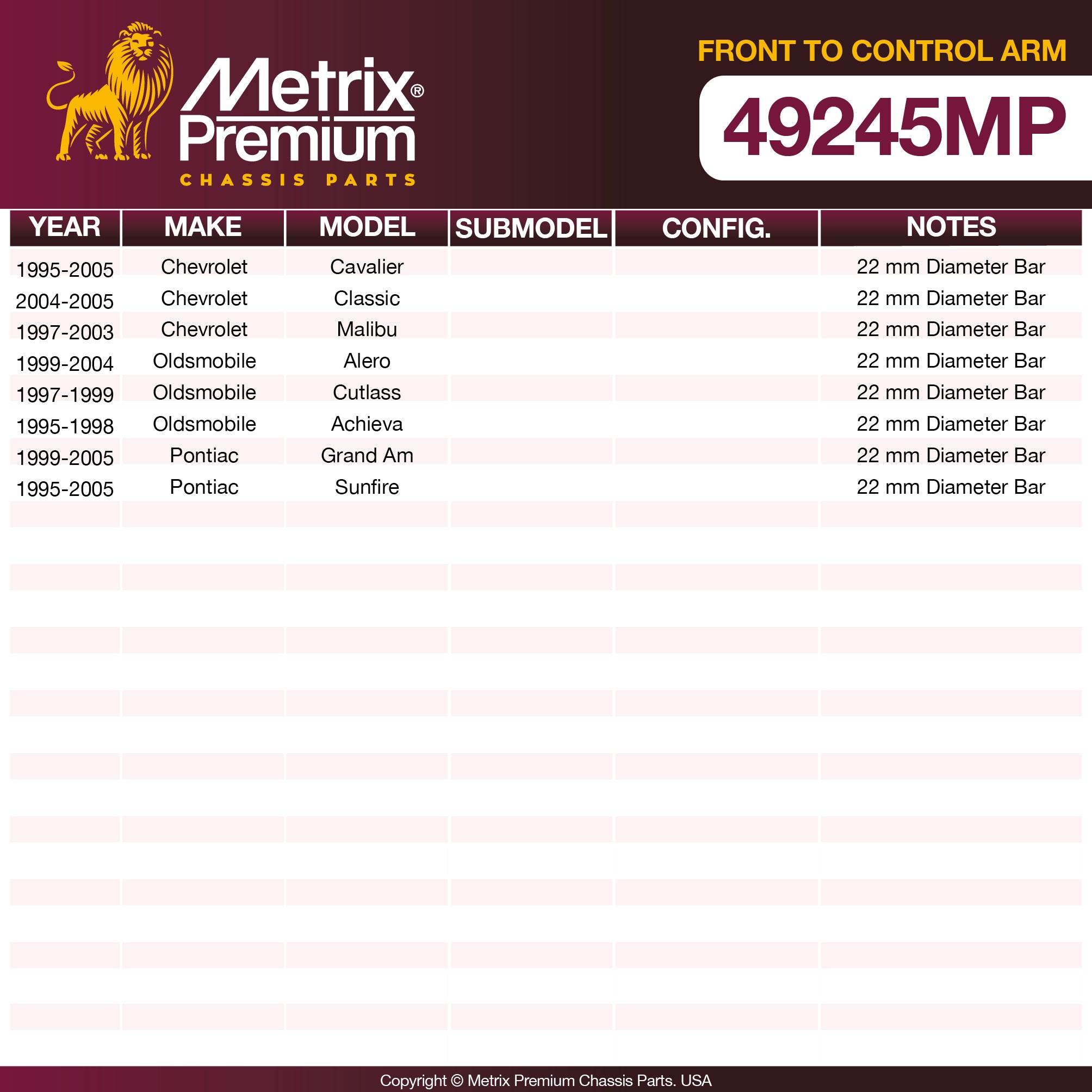 Metrix Premium Chassis Parts Front To Control Arm Stabilizer Bar Bushing Kit 49245MP OEM fit auto parts