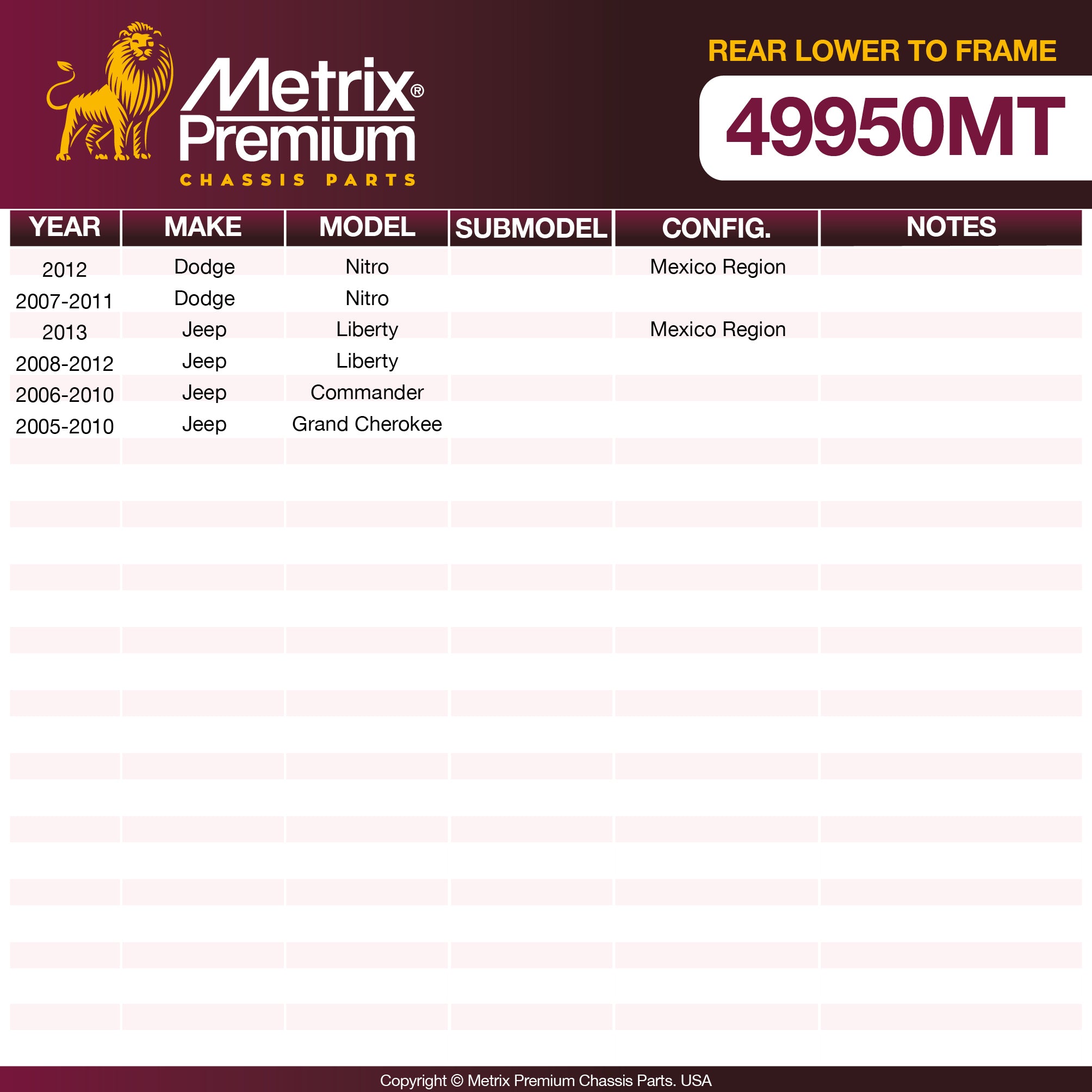 Metrix Premium Chassis Parts Rear Lower To Frame Control Arm Bushing 49950MT OEM fit auto parts