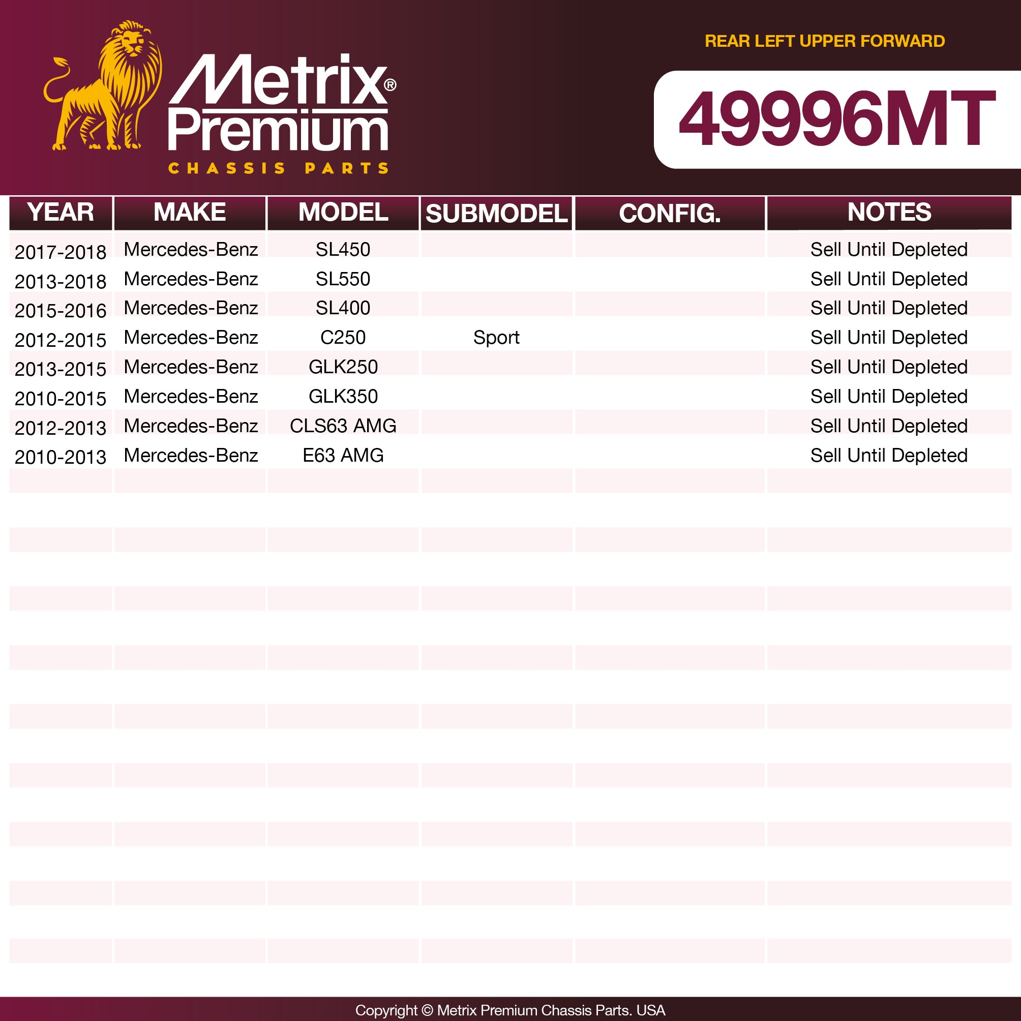 Metrix Premium Chassis Parts Rear Left Upper Forward Control Arm 49996MT OEM fit auto parts