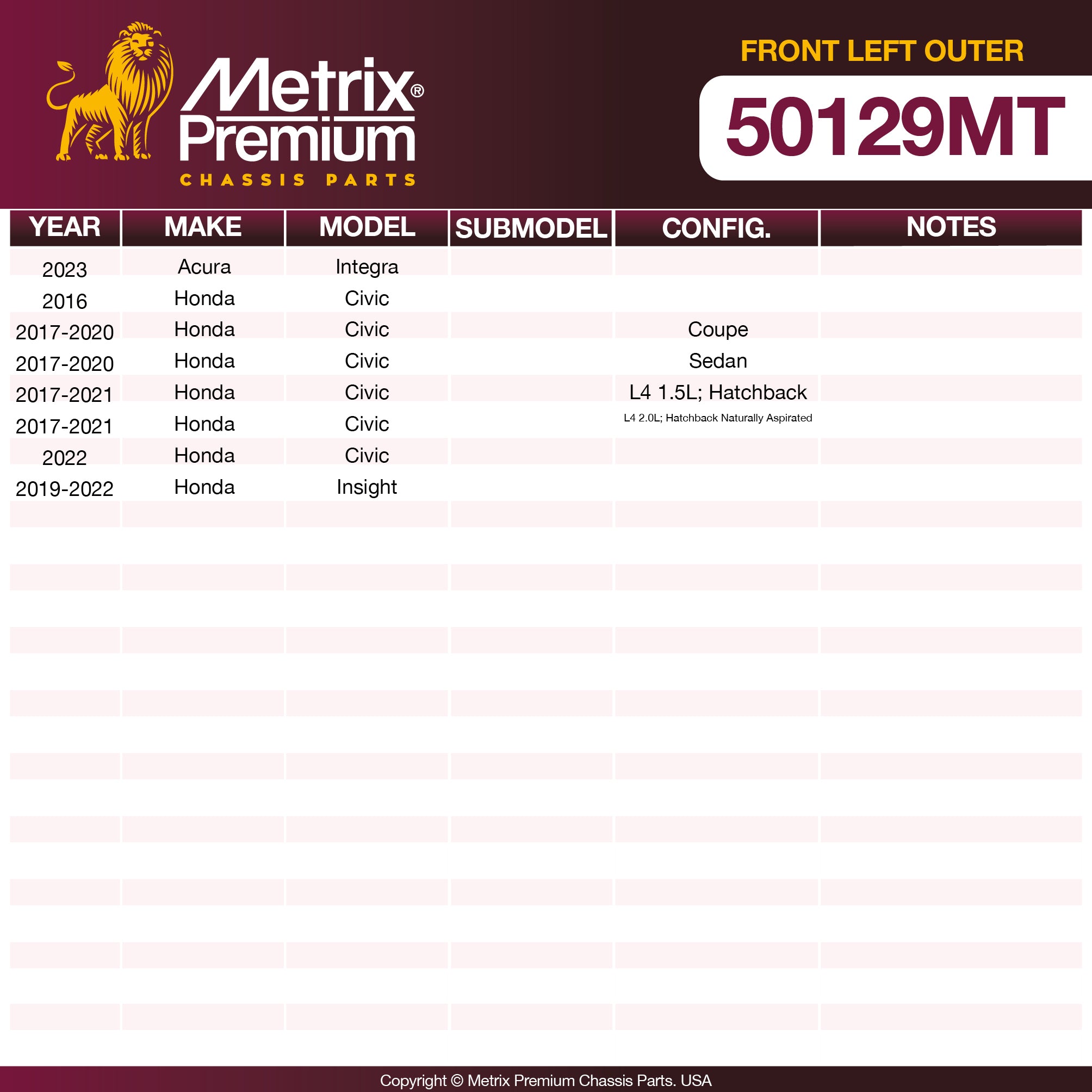 Metrix Premium Chassis Parts Front Left Outer Tie Rod End 50129MT aftermarket car parts