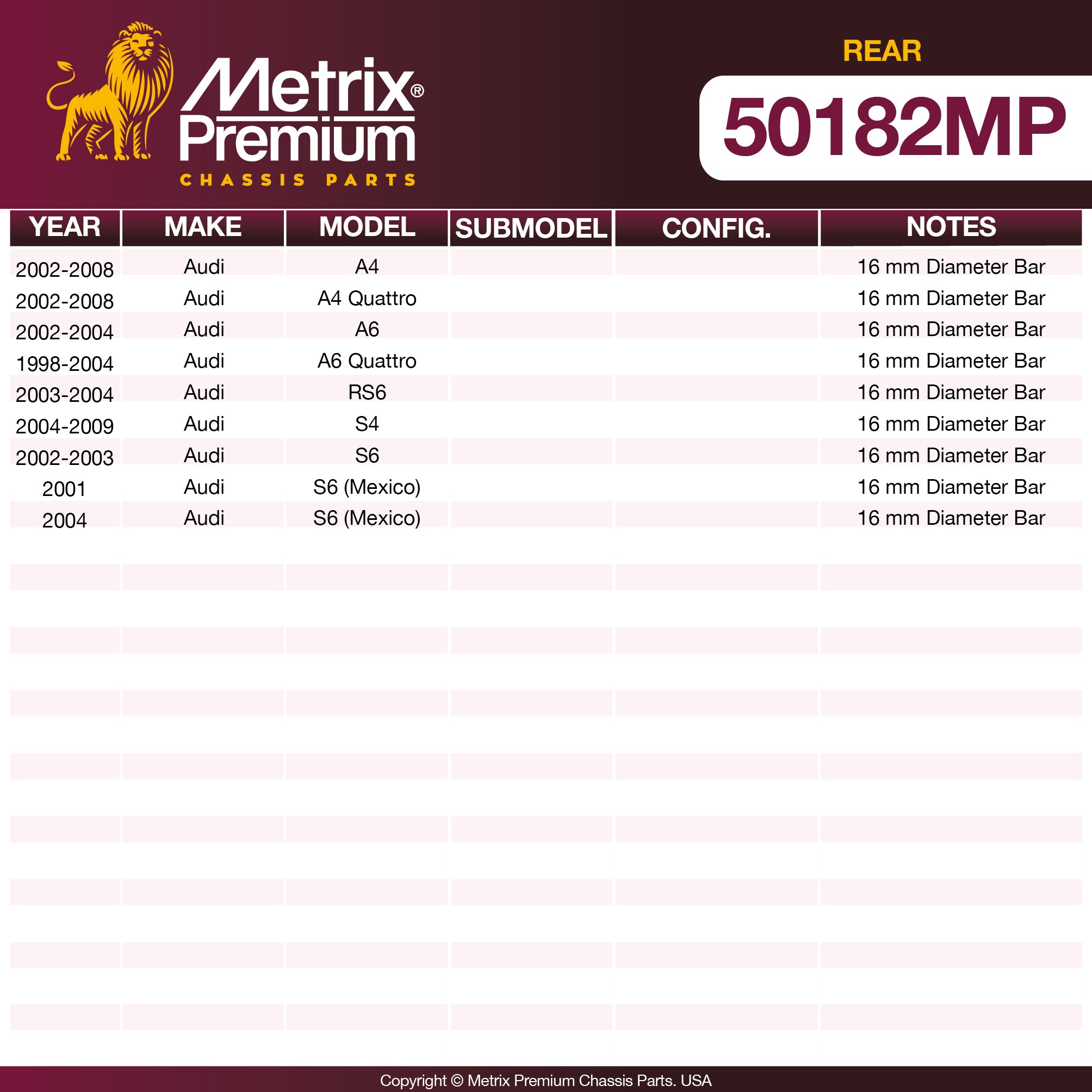 Metrix Premium Chassis Parts Rear Stabilizer Bar Bushing Kit 50182MP aftermarket car parts