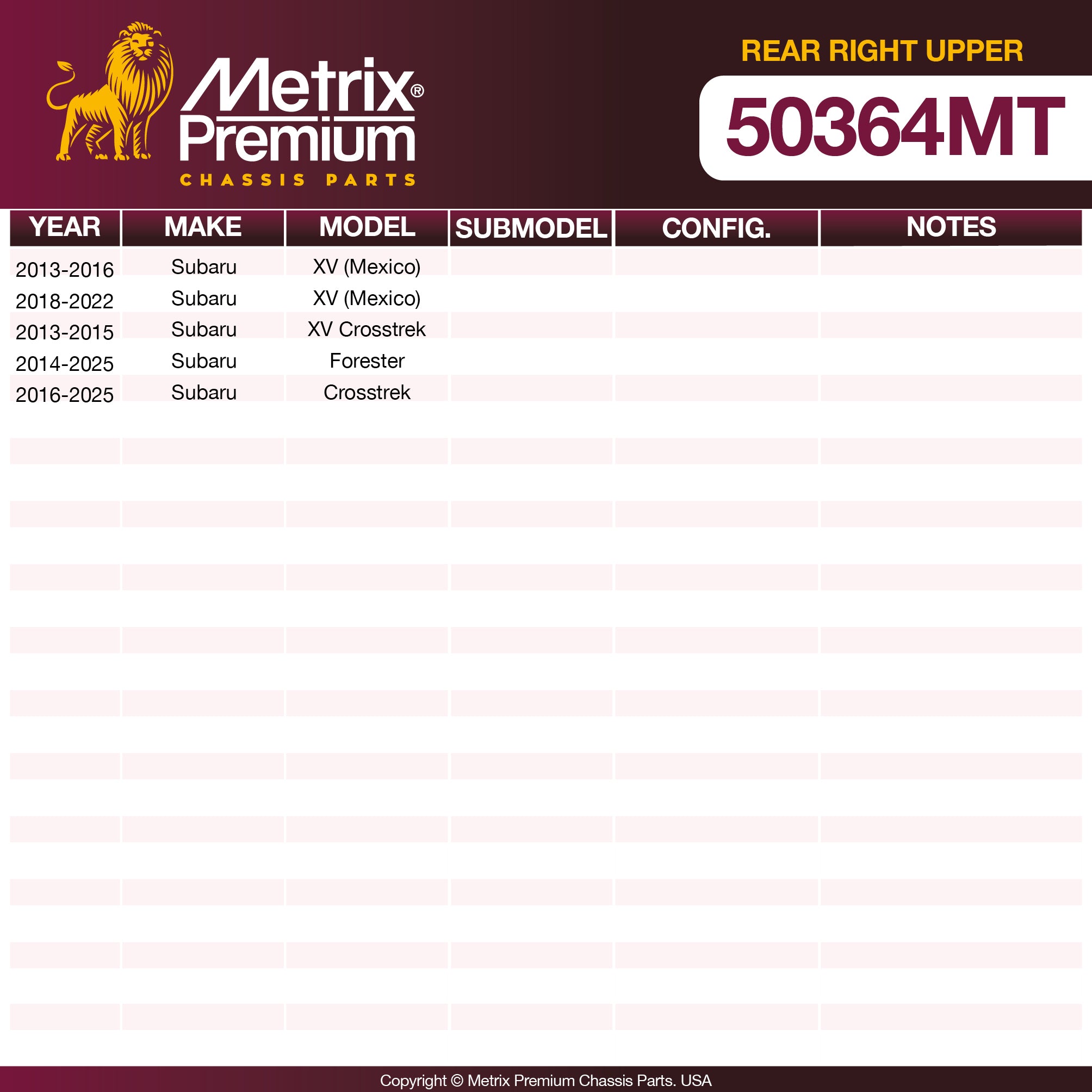 Metrix Premium Chassis Parts Rear Right Upper Control Arm and Ball Joint Assembly 50364MT OEM fit auto parts