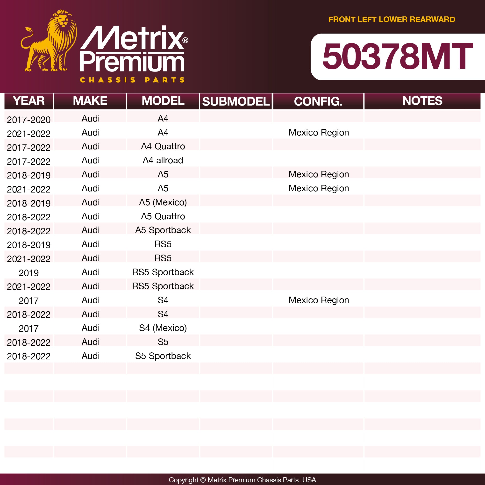 Metrix Premium Chassis Parts Front Left Lower Rearward Control Arm and Ball Joint Assembly 50378MT aftermarket car parts