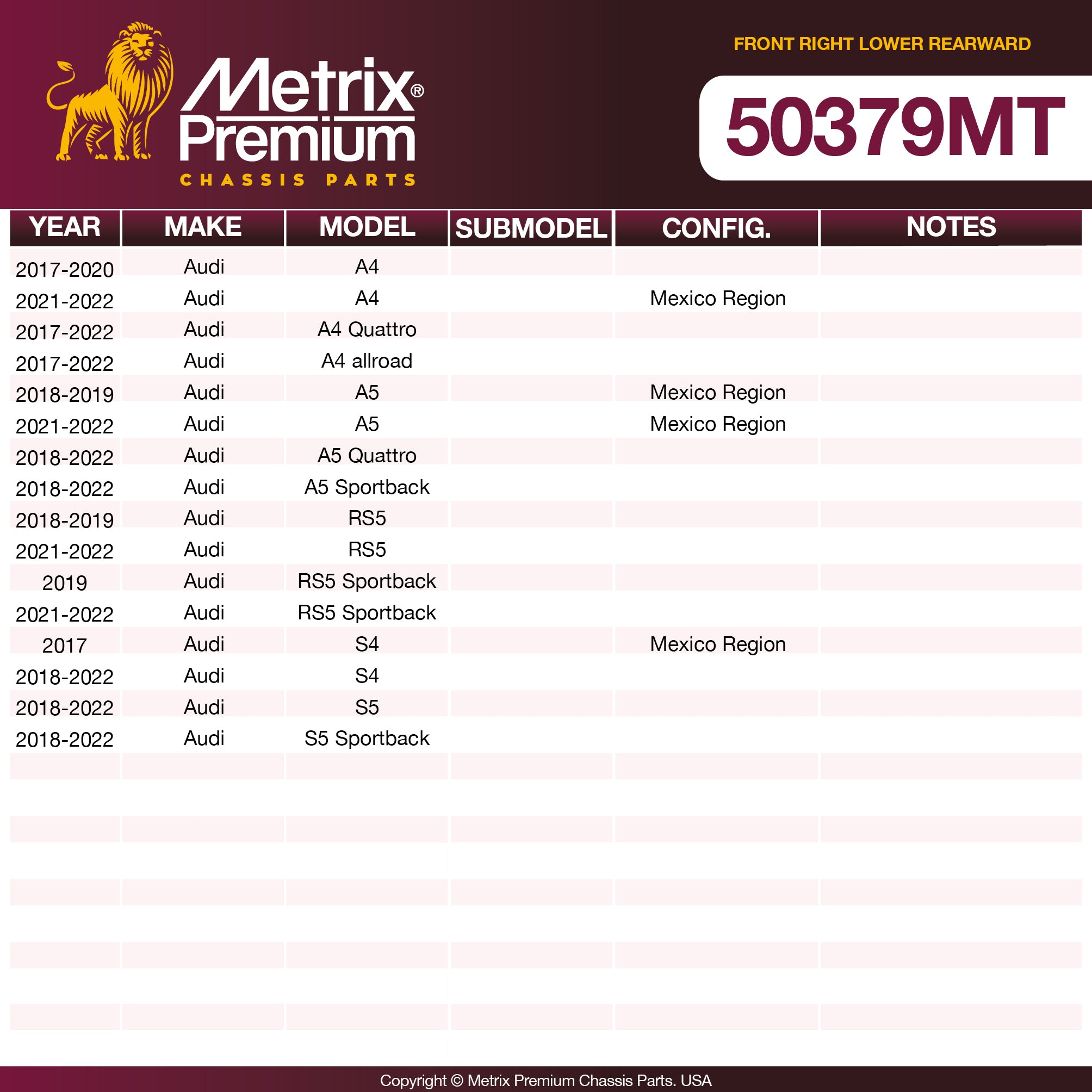 Metrix Premium Chassis Parts Front Right Lower Rearward Control Arm and Ball Joint Assembly 50379MT aftermarket car parts