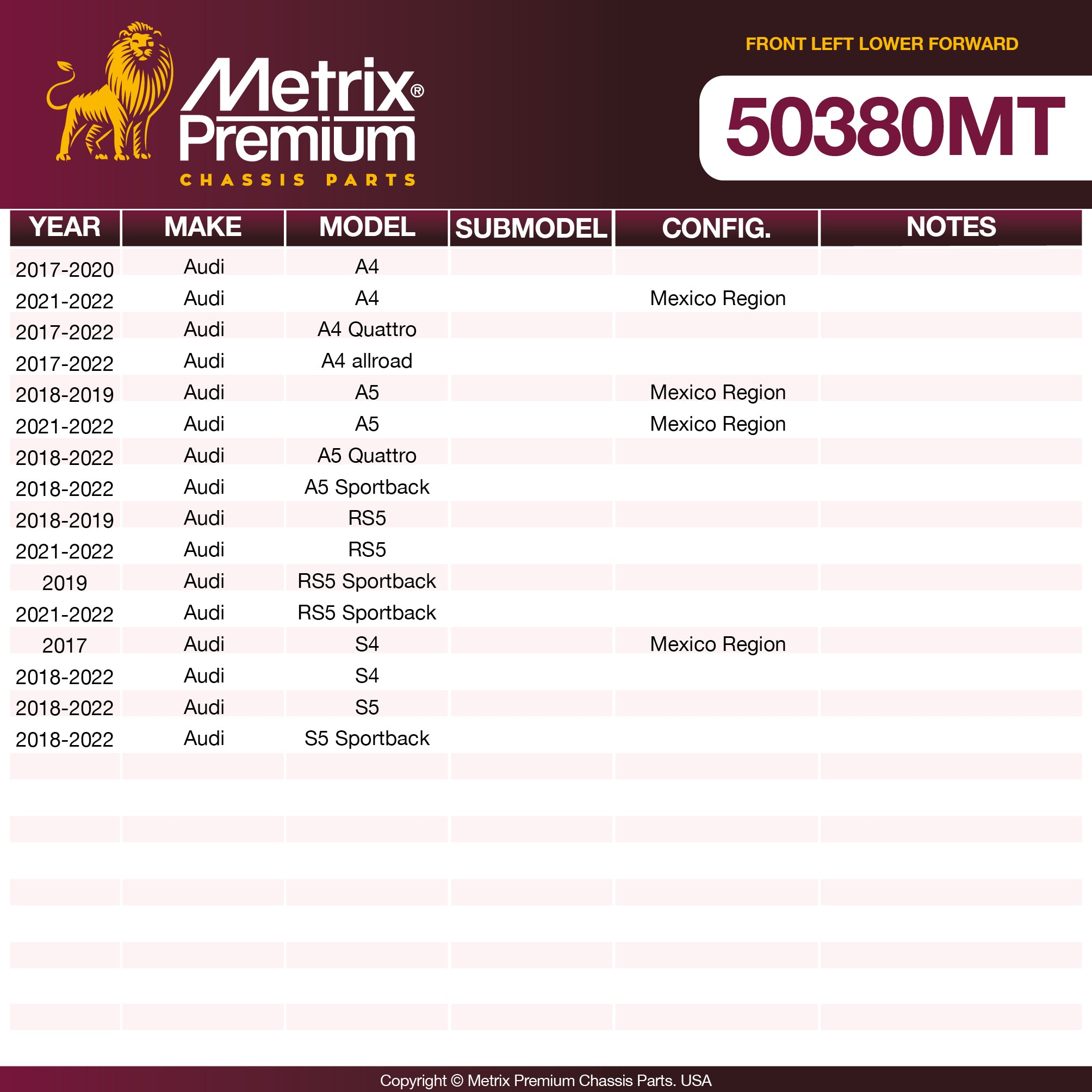 Metrix Premium Chassis Parts Front Left Lower Forward Control Arm 50380MT aftermarket car parts