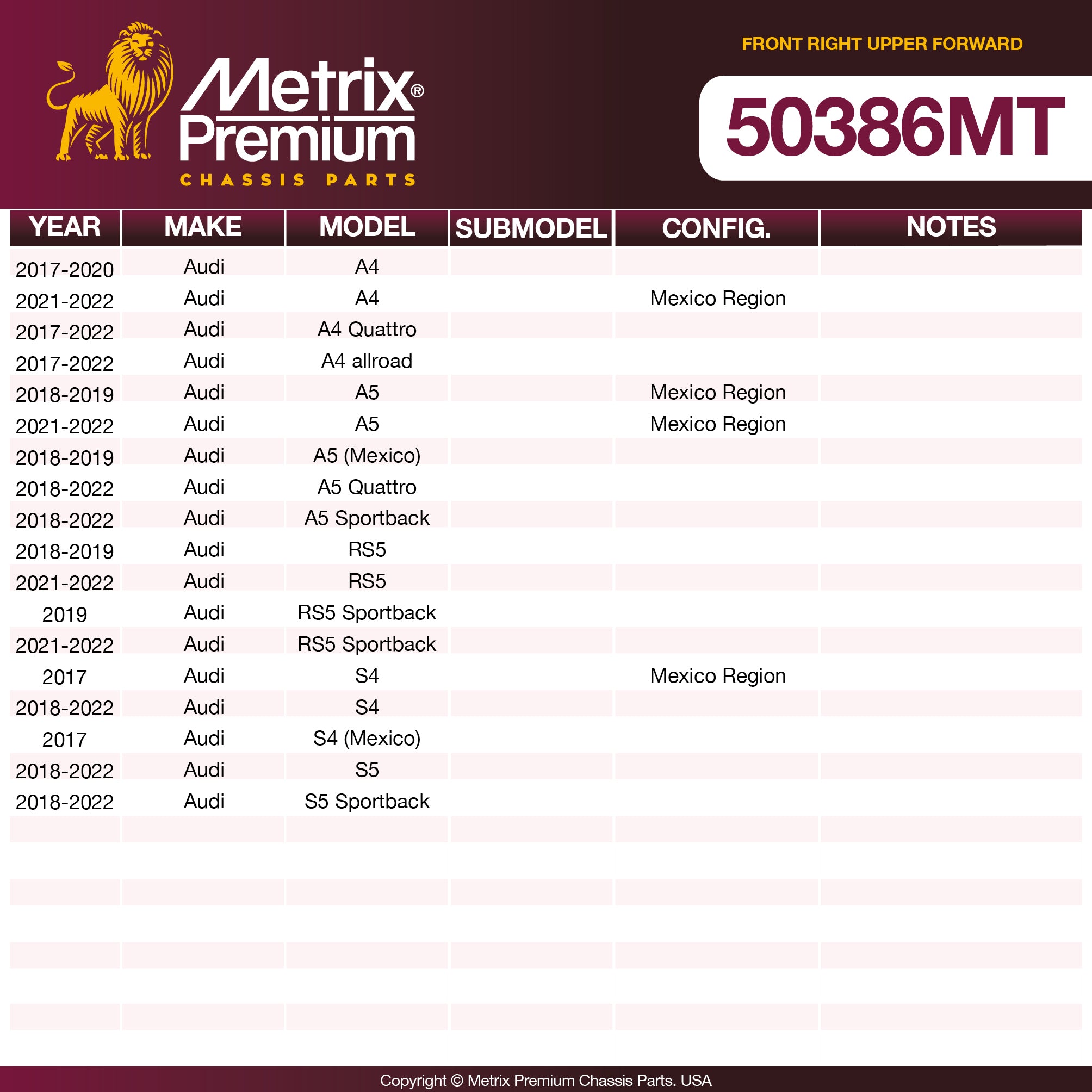 Metrix Premium Chassis Parts Front Right Upper Forward Control Arm and Ball Joint Assembly 50386MT aftermarket car parts