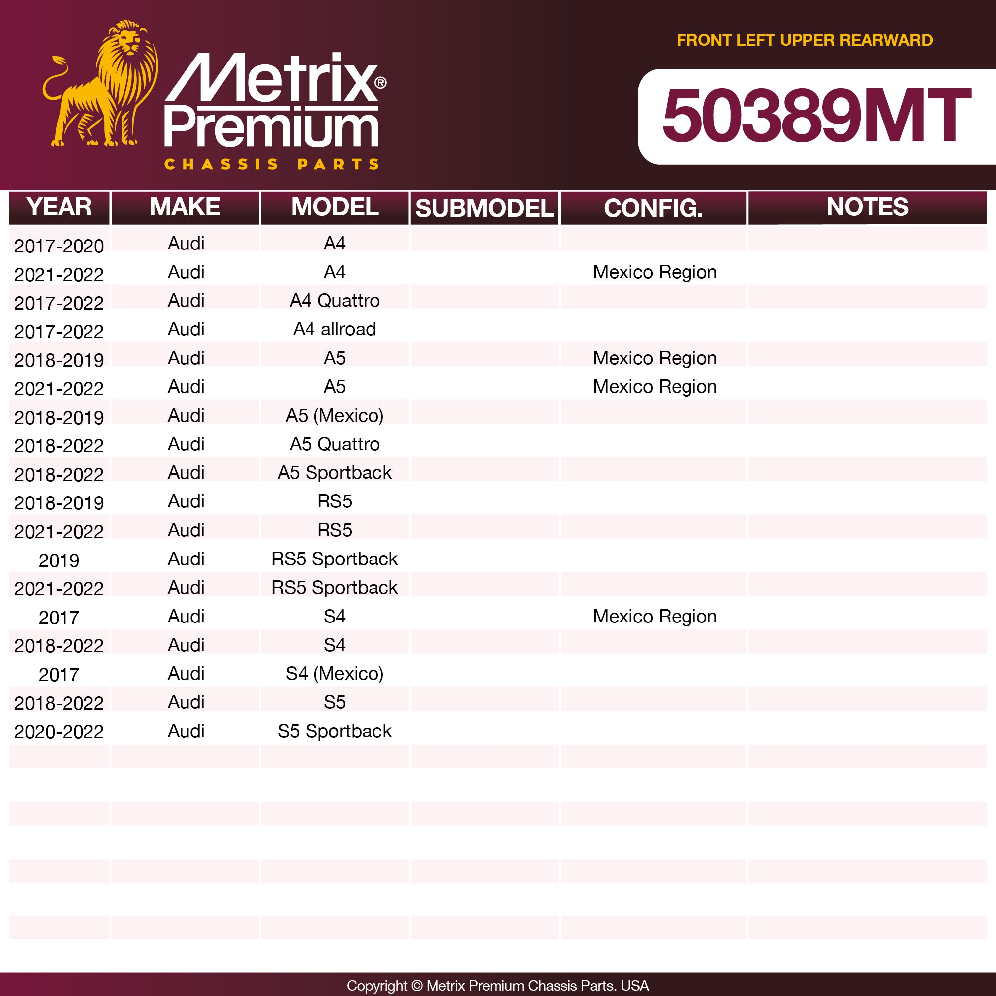 Metrix Premium Chassis Parts Front Left Upper Rearward Control Arm and Ball Joint Assembly 50389MT aftermarket car parts